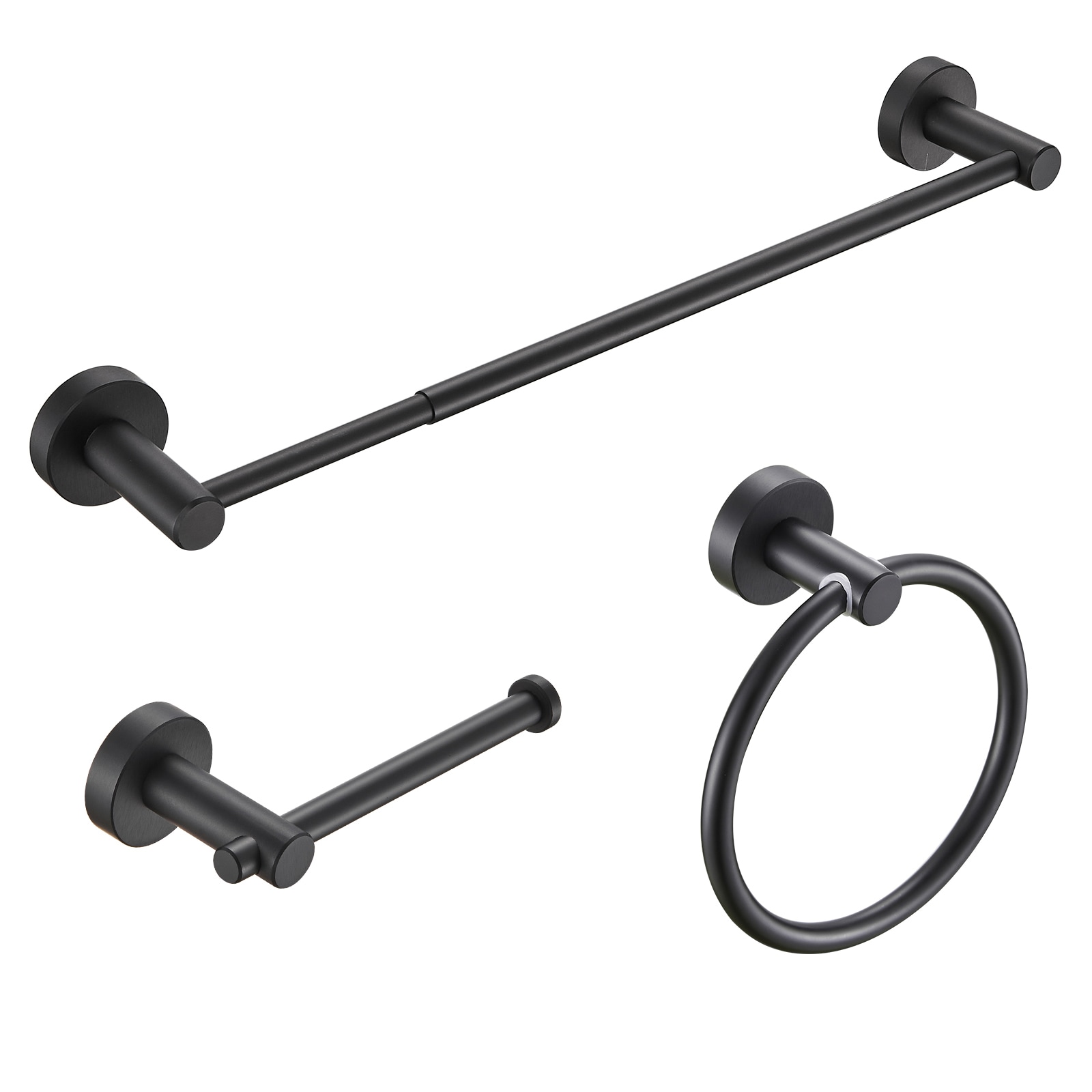 Juego de accesorios decorativos para baño en negro mate de 3 piezas Cobbe: Barra para toallas, porta papel higiénico y argolla para toallas (incluido LSKBHS03031)