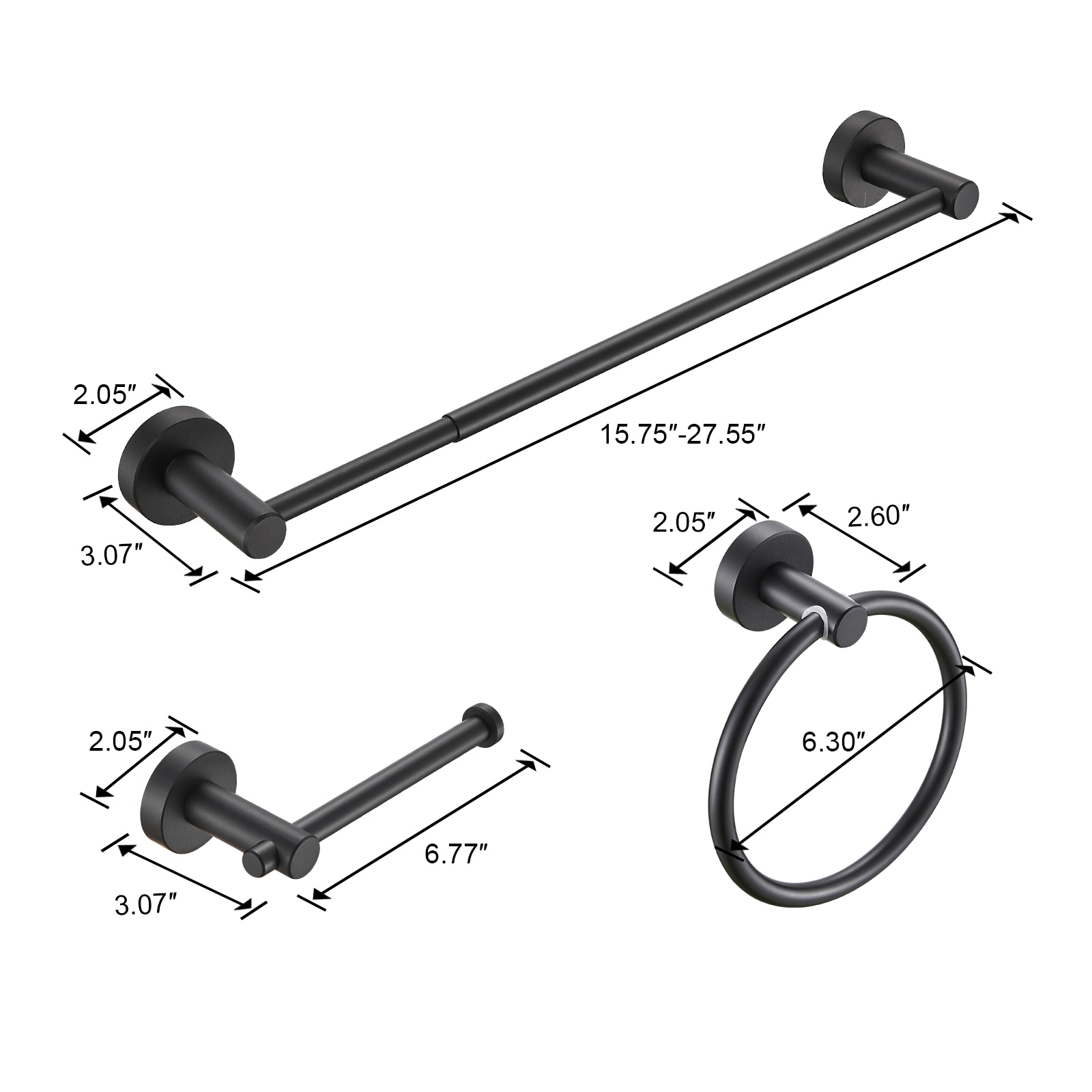 Juego de accesorios decorativos para baño en negro mate de 3 piezas Cobbe: Barra para toallas, porta papel higiénico y argolla para toallas (incluido LSKBHS03031)