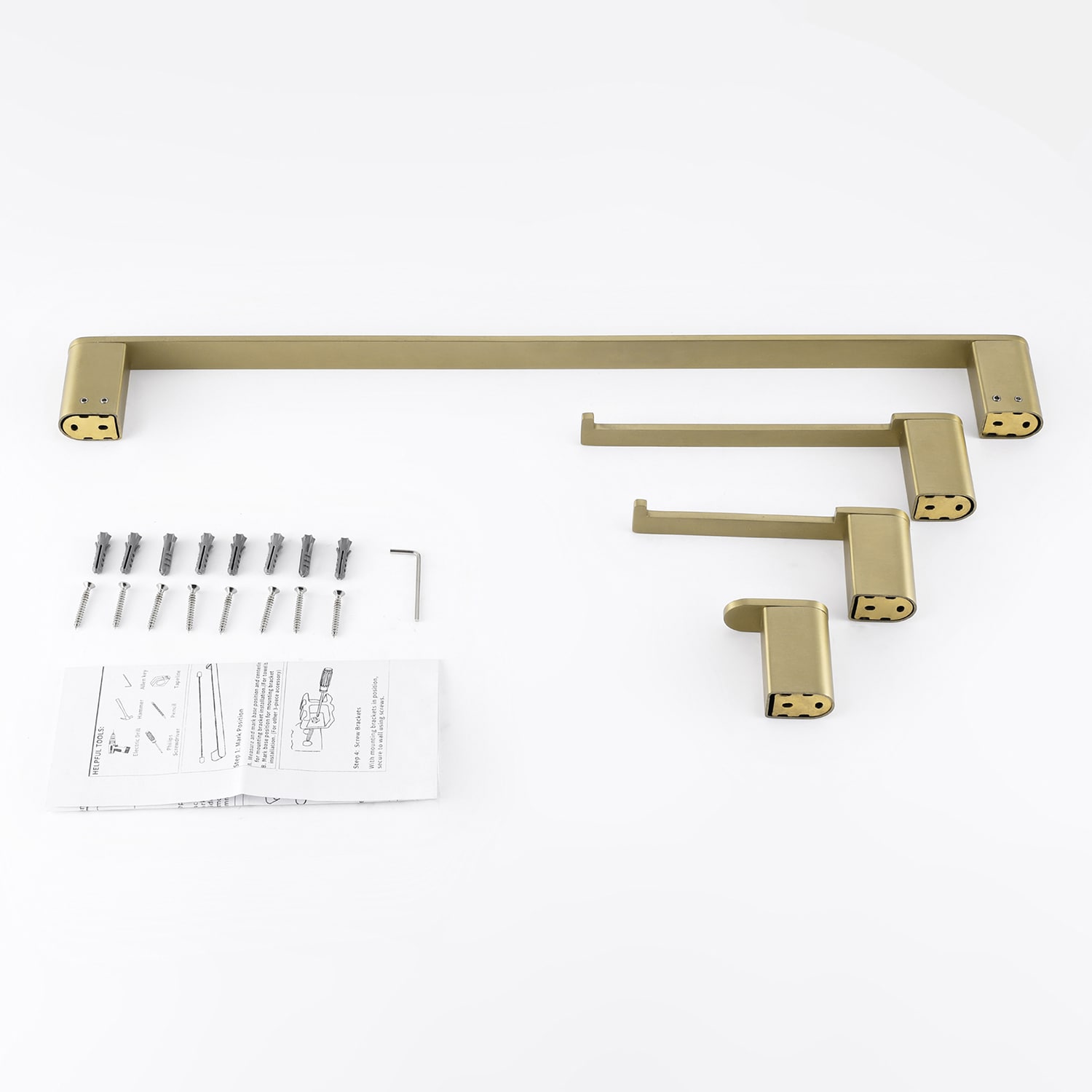 Juego de Accesorios de Baño Decorativos en Dorado Cepillado de 4 Piezas Cobbe - Incluye Barra de Toalla, Porta Papel Higiénico y Gancho para Batas