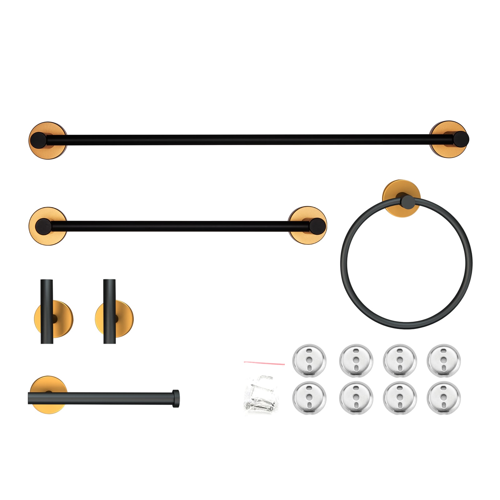 Juego de Accesorios de Baño Decorativos Negro y Dorado de 6 Piezas Incluye Barra de Toallas, Porta Papel, Argolla de Toallas y Gancho para Batas Cobbe