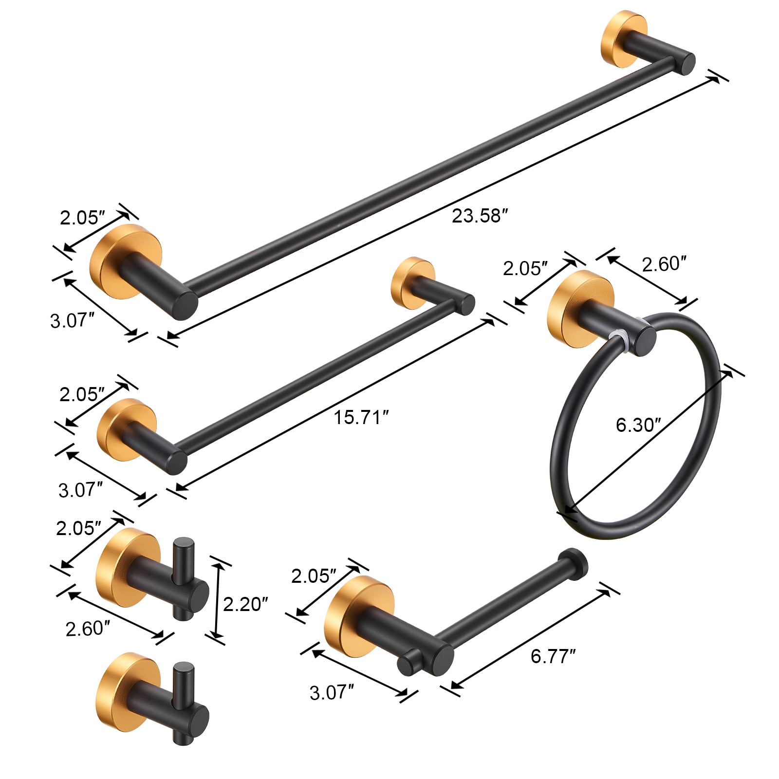 Juego de Accesorios de Baño Decorativos Negro y Dorado de 6 Piezas Incluye Barra de Toallas, Porta Papel, Argolla de Toallas y Gancho para Batas Cobbe