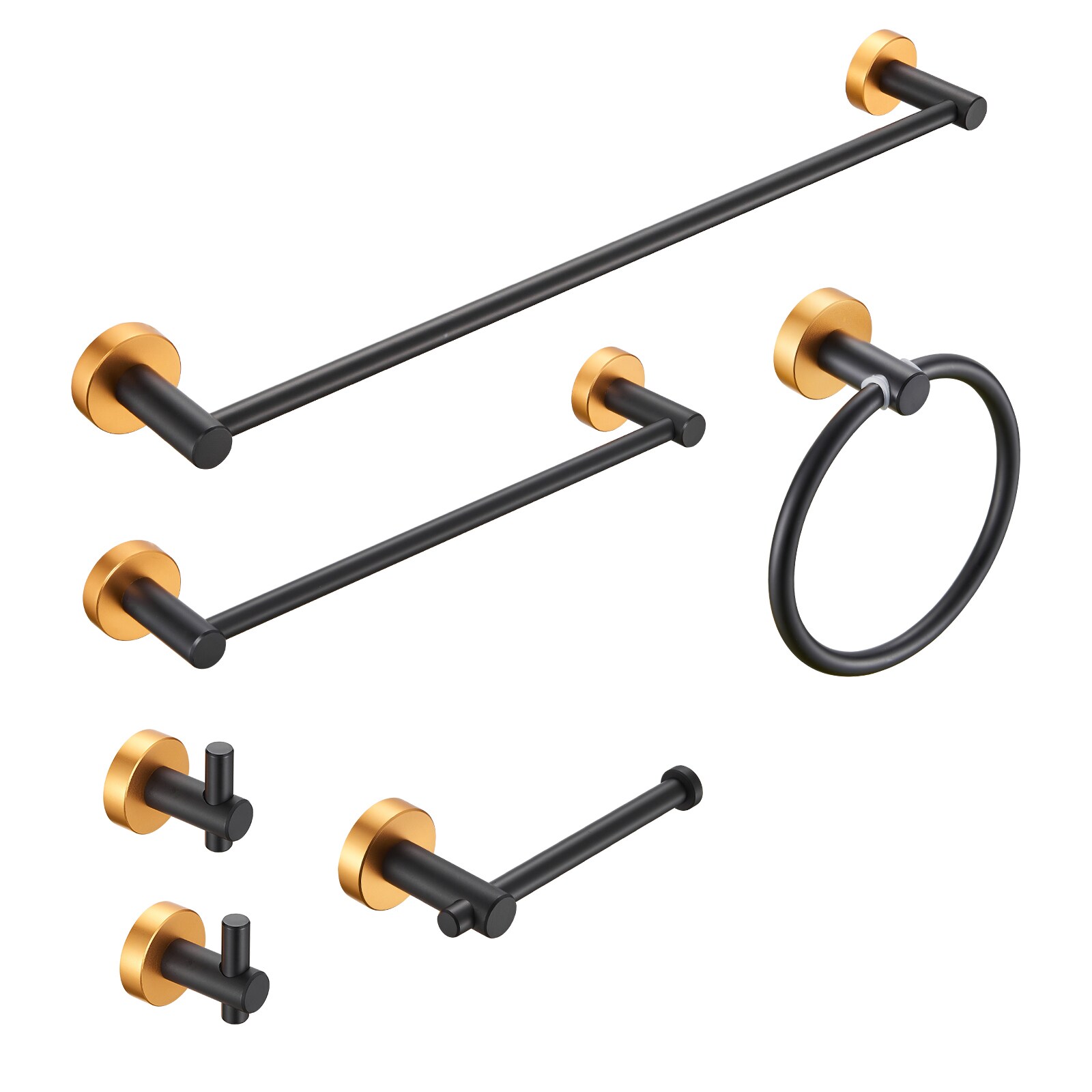 Juego de Accesorios de Baño Decorativos Negro y Dorado de 6 Piezas Incluye Barra de Toallas, Porta Papel, Argolla de Toallas y Gancho para Batas Cobbe