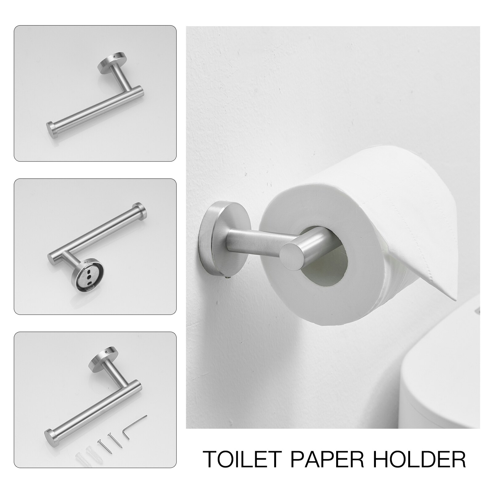 Juego de accesorios para baño de 3 piezas en níquel cepillado - Barra de toalla, porta papel y gancho para batas incluidos