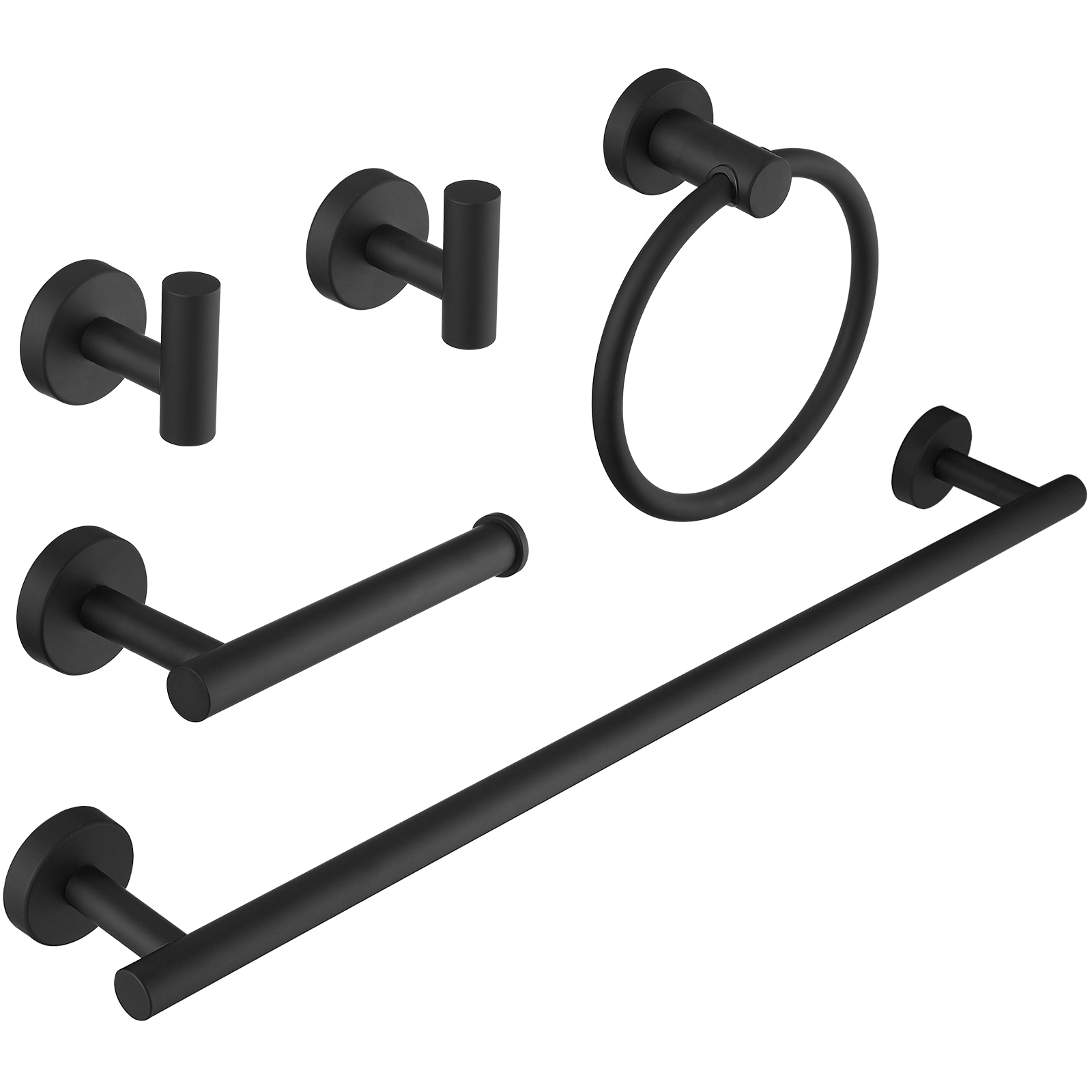 Juego de Accesorios de Baño Decorativos de 5 Piezas en Negro Mate incluye Barra de Toalla, Porta Papel de Baño, Argolla de Toalla, y Gancho de Bata - Modelo A-91020-NEGRO