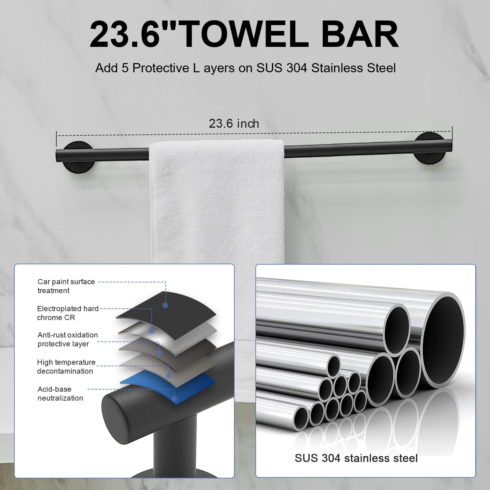 Juego de Accesorios de Baño Decorativos de 5 Piezas en Negro Mate incluye Barra de Toalla, Porta Papel de Baño, Argolla de Toalla, y Gancho de Bata - Modelo A-91020-NEGRO