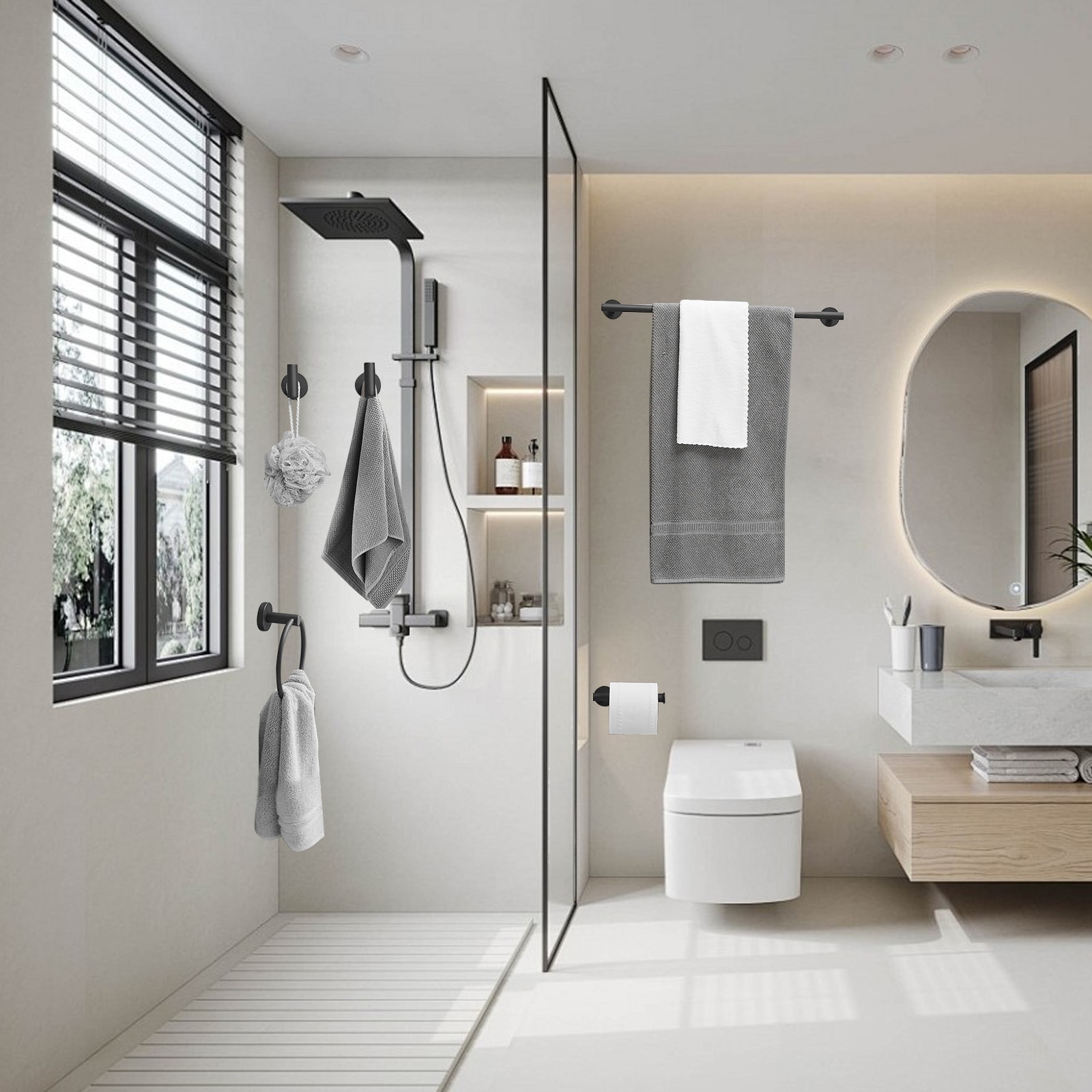 Juego de Accesorios de Baño Decorativos de 5 Piezas en Negro Mate incluye Barra de Toalla, Porta Papel de Baño, Argolla de Toalla, y Gancho de Bata - Modelo A-91020-NEGRO