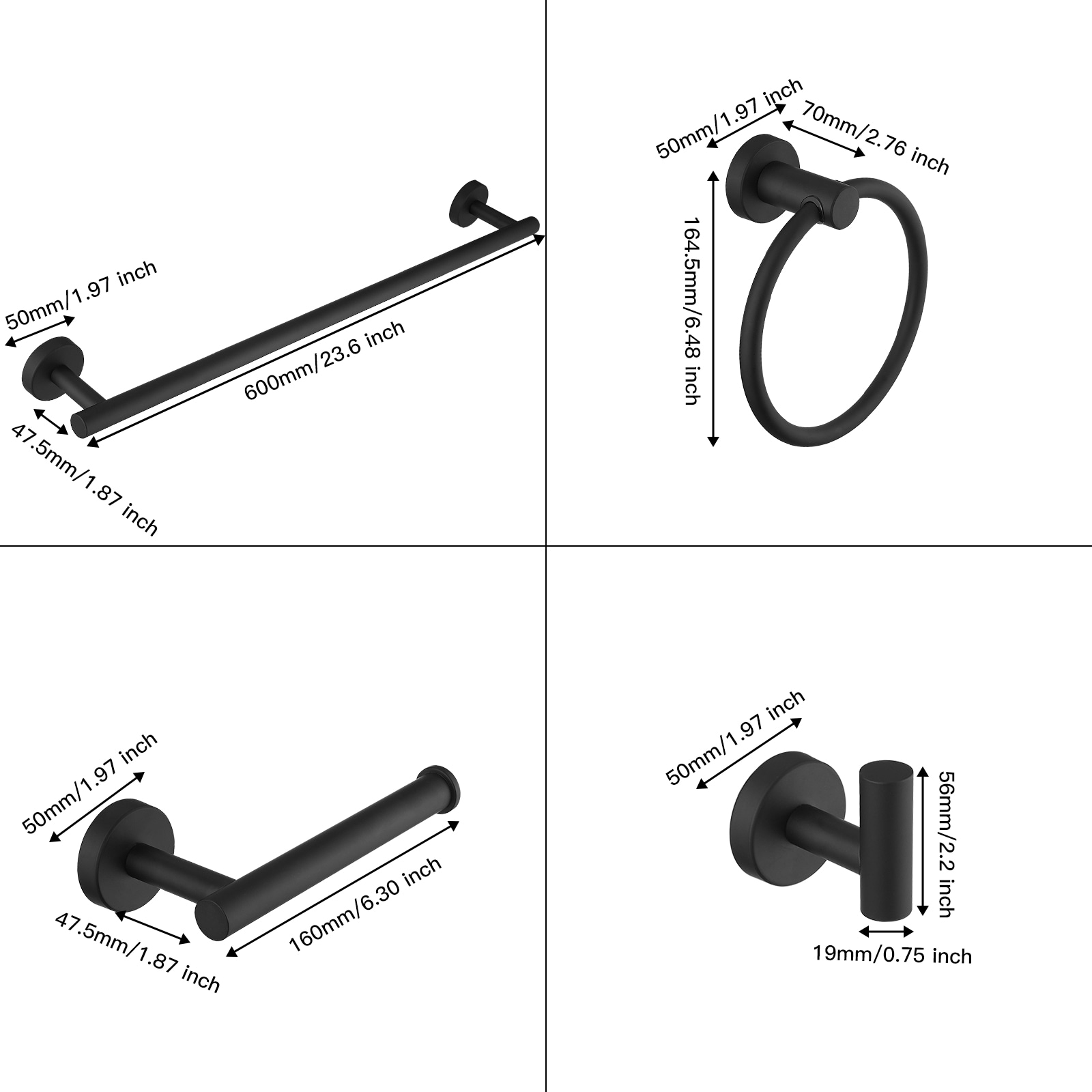 Juego de Accesorios de Baño Decorativos de 5 Piezas en Negro Mate incluye Barra de Toalla, Porta Papel de Baño, Argolla de Toalla, y Gancho de Bata - Modelo A-91020-NEGRO