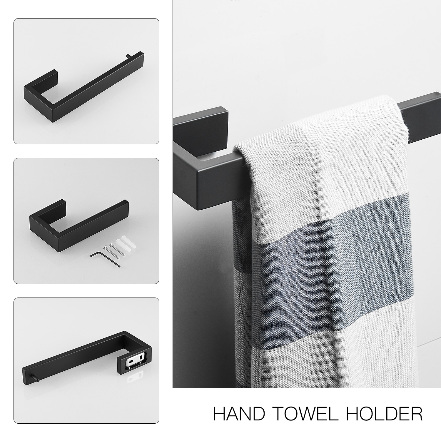 Juego de accesorios de baño en mate negro de 4 piezas - Barra de toalla, porta papel higiénico, gancho para batas incluido A-91001-NEGRO