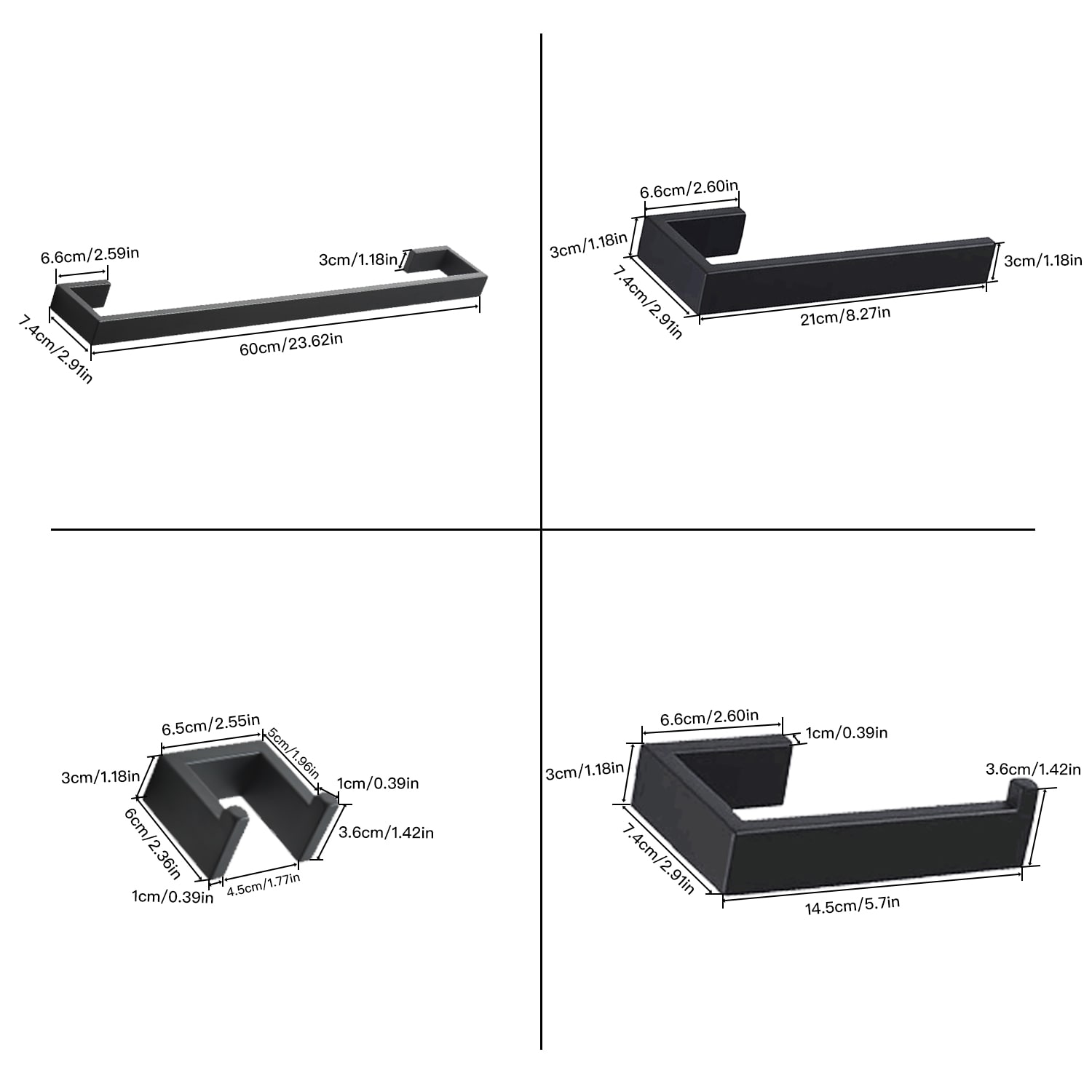 Juego de accesorios de baño en mate negro de 4 piezas - Barra de toalla, porta papel higiénico, gancho para batas incluido A-91001-NEGRO