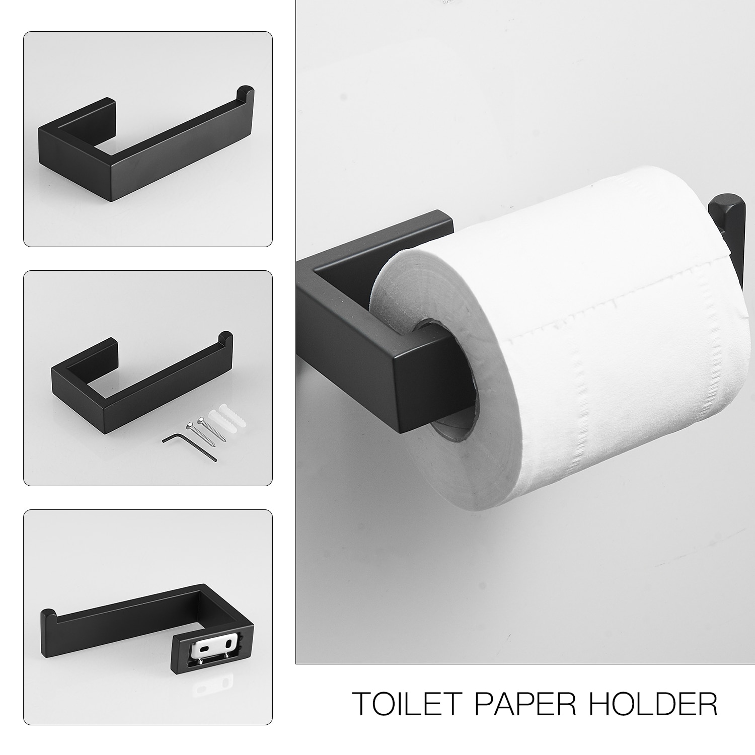 Juego de accesorios de baño en mate negro de 4 piezas - Barra de toalla, porta papel higiénico, gancho para batas incluido A-91001-NEGRO