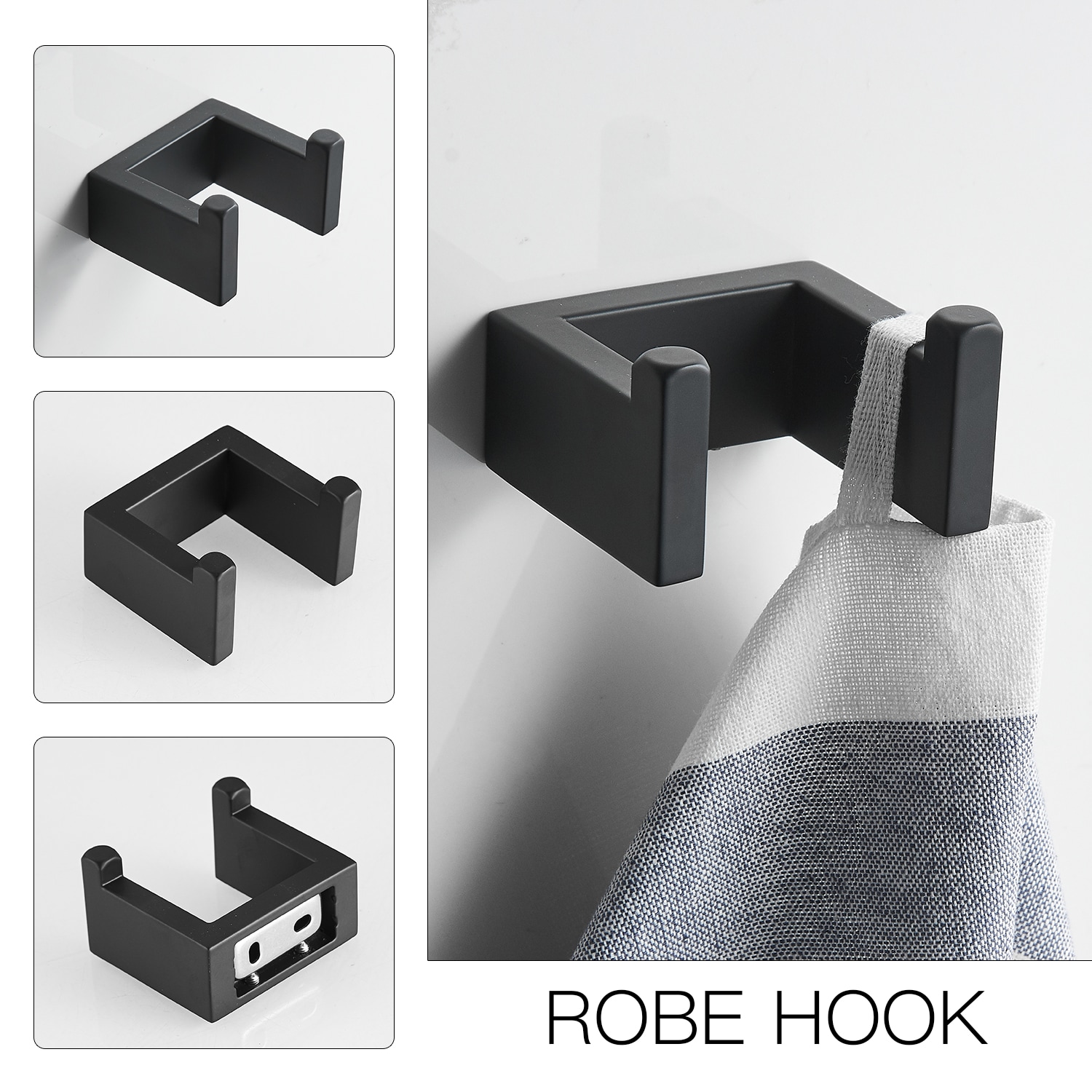 Juego de accesorios de baño en mate negro de 4 piezas - Barra de toalla, porta papel higiénico, gancho para batas incluido A-91001-NEGRO