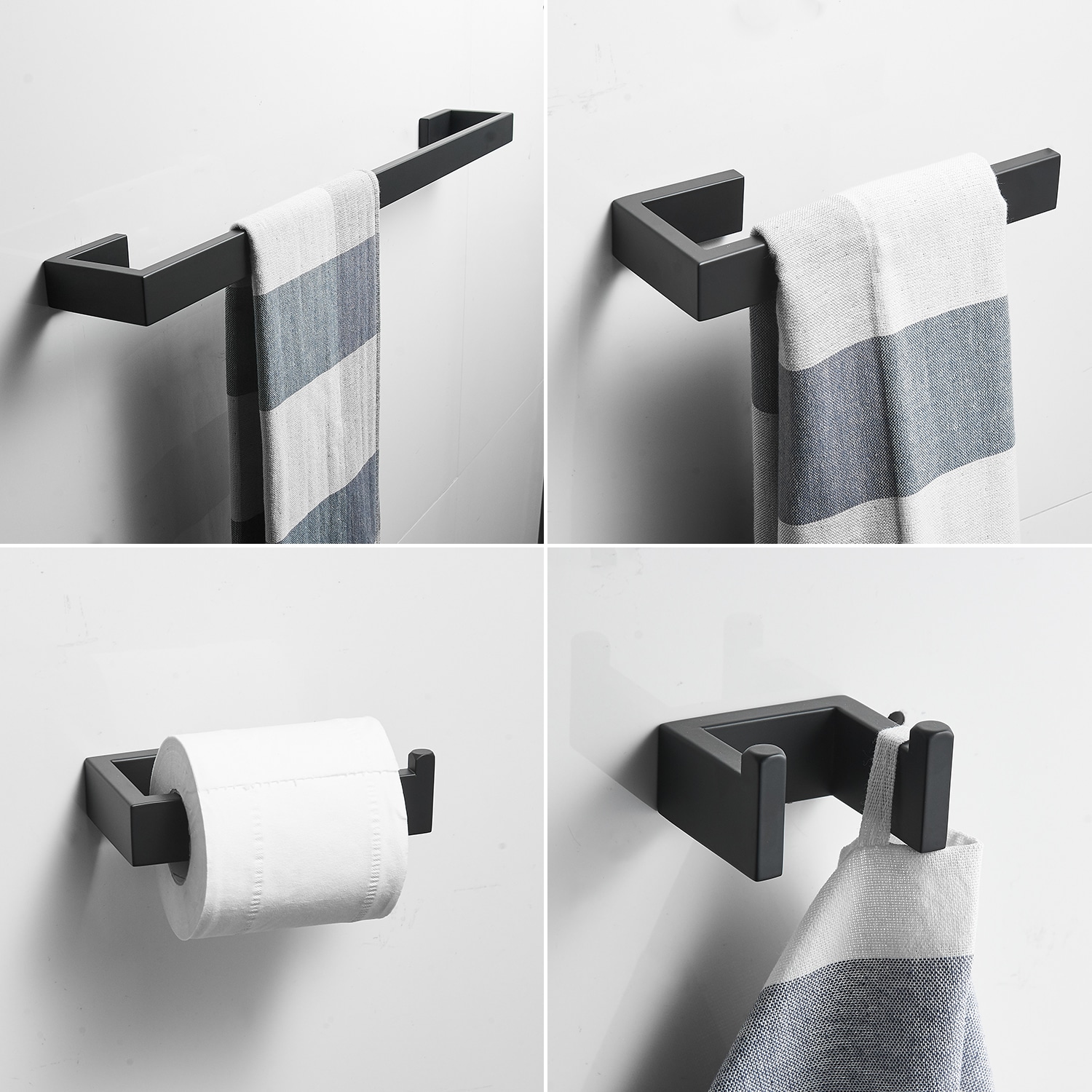 Juego de accesorios de baño en mate negro de 4 piezas - Barra de toalla, porta papel higiénico, gancho para batas incluido A-91001-NEGRO