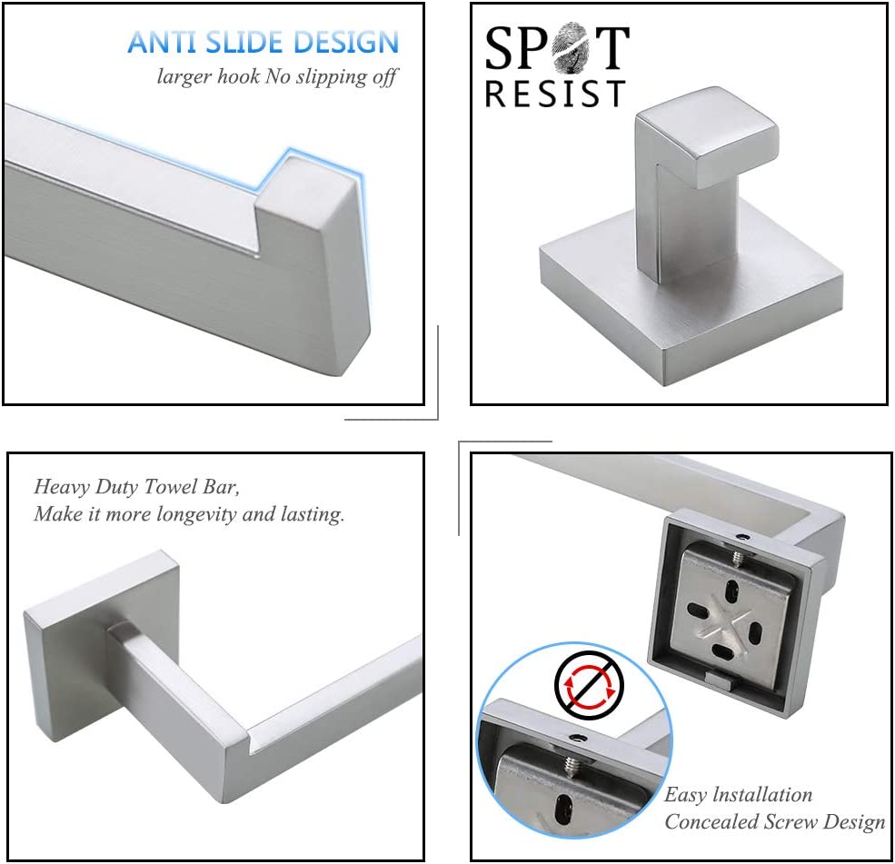 Juego de herrajes para baño de 5 piezas en níquel cepillado - Incluye barra de toalla, portarrollos y colgador de baño decorativo A-91012, modelo A-91012-S-N-1.