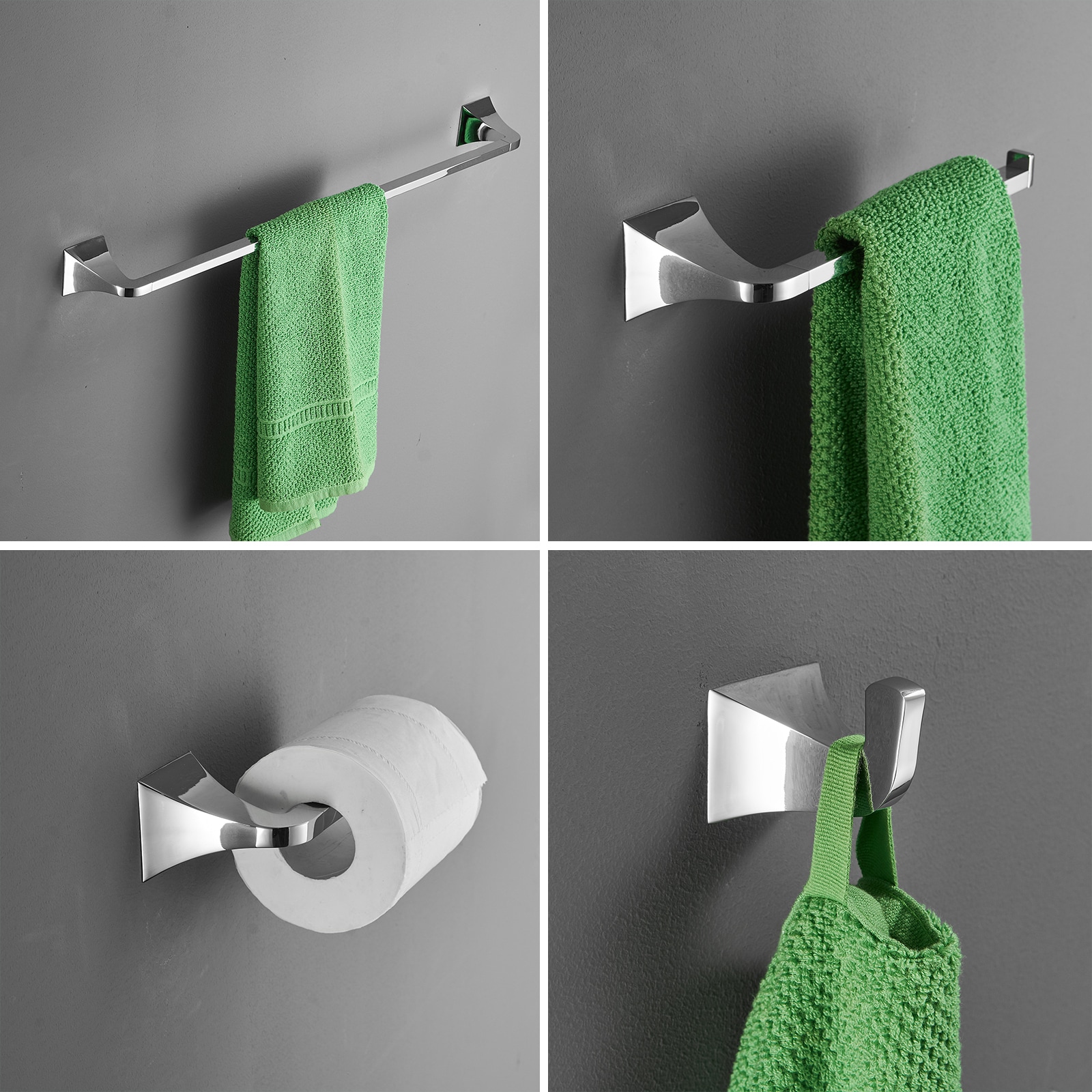 Juego de Accesorios para Baño 4-Piezas Cromado Brillante - Barra de Toallas, Portarrollos de Papel y Gancho para Batas incluidos A-91003-C