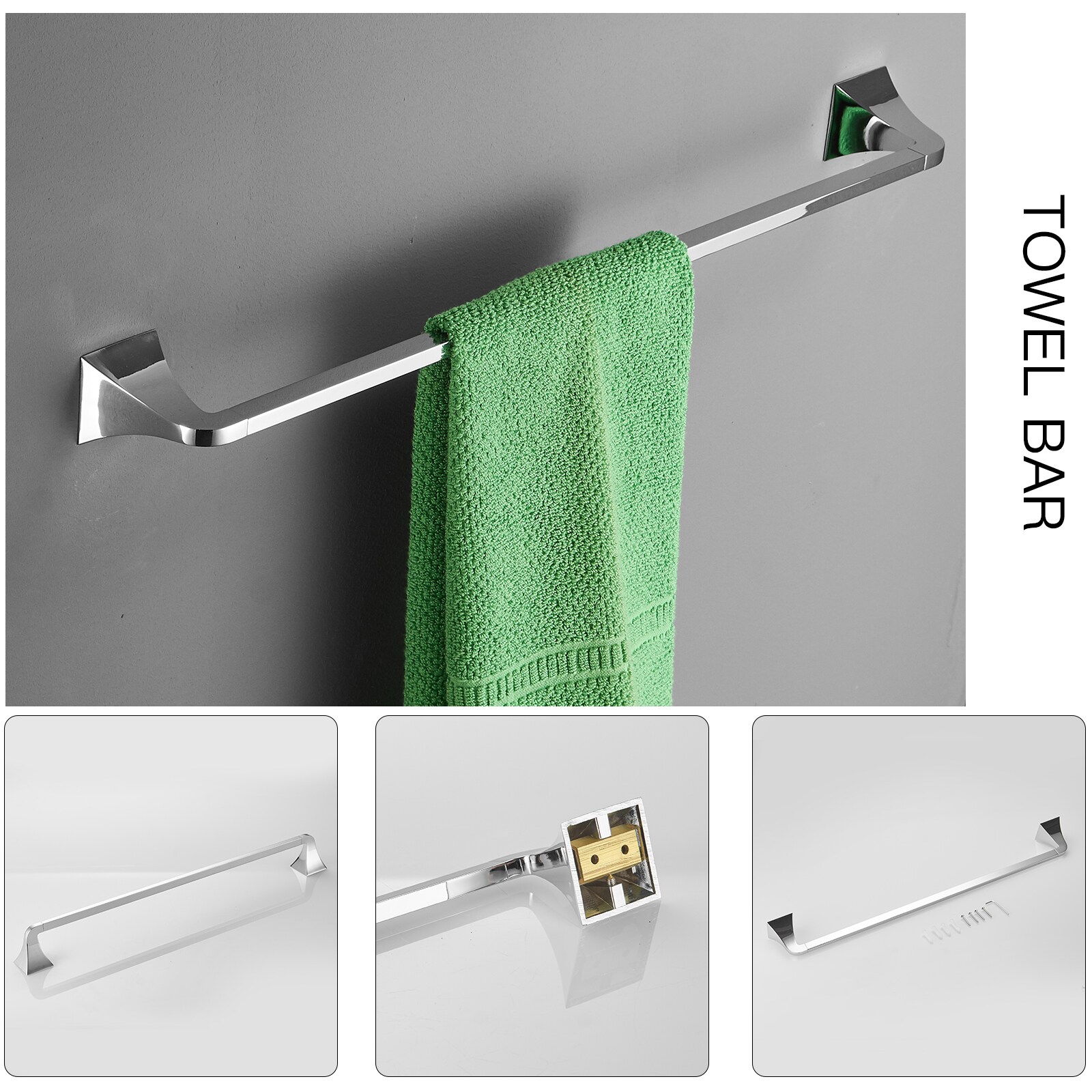 Juego de Accesorios para Baño 4-Piezas Cromado Brillante - Barra de Toallas, Portarrollos de Papel y Gancho para Batas incluidos A-91003-C