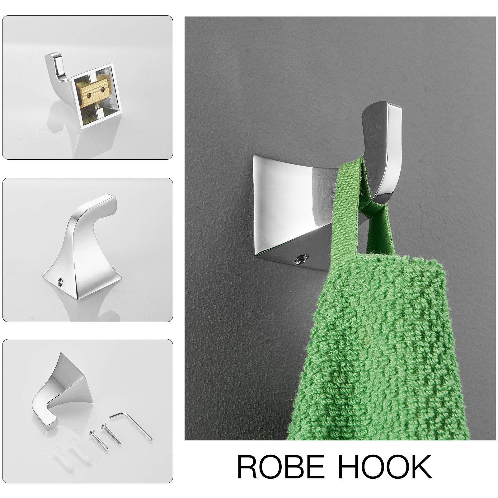 Juego de Accesorios para Baño 4-Piezas Cromado Brillante - Barra de Toallas, Portarrollos de Papel y Gancho para Batas incluidos A-91003-C