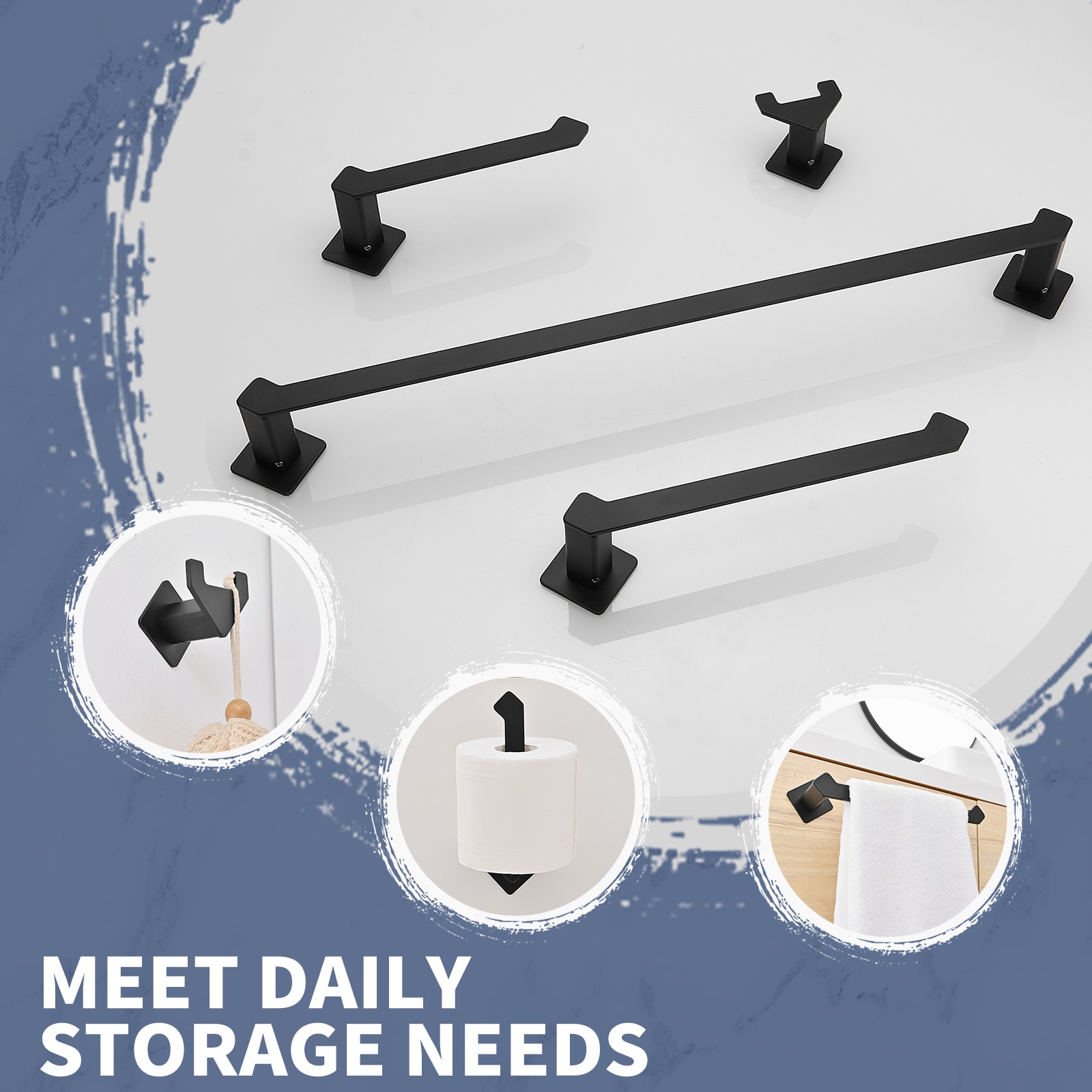 Juego de accesorios para baño en negro mate - 4 piezas - A-91010 - Set Decorativo de accesorios para baño incluye barra de toalla, portarrollos y gancho para batas - A-91010-NEGRO