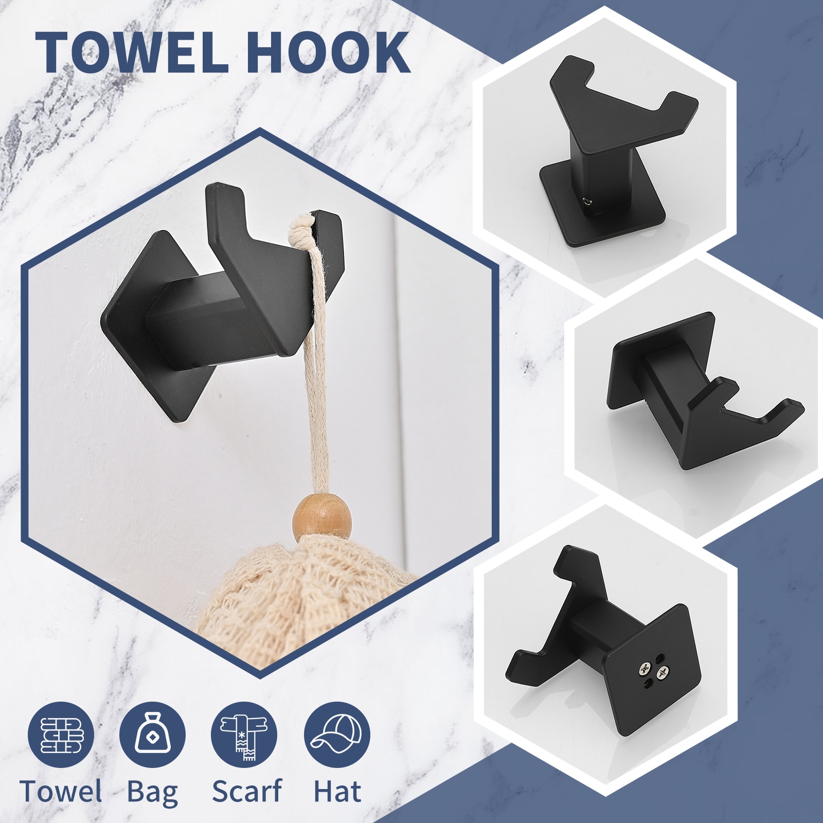 Juego de accesorios para baño en negro mate - 4 piezas - A-91010 - Set Decorativo de accesorios para baño incluye barra de toalla, portarrollos y gancho para batas - A-91010-NEGRO