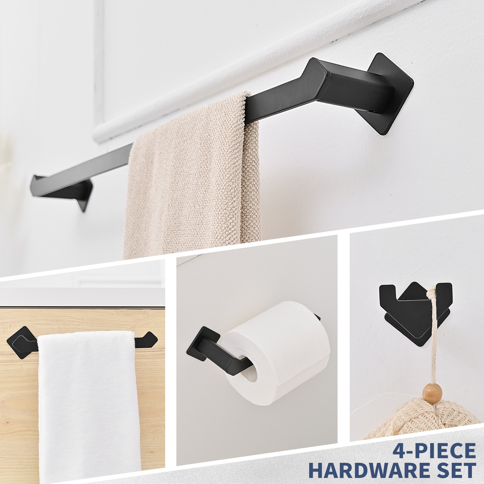 Juego de accesorios para baño en negro mate - 4 piezas - A-91010 - Set Decorativo de accesorios para baño incluye barra de toalla, portarrollos y gancho para batas - A-91010-NEGRO
