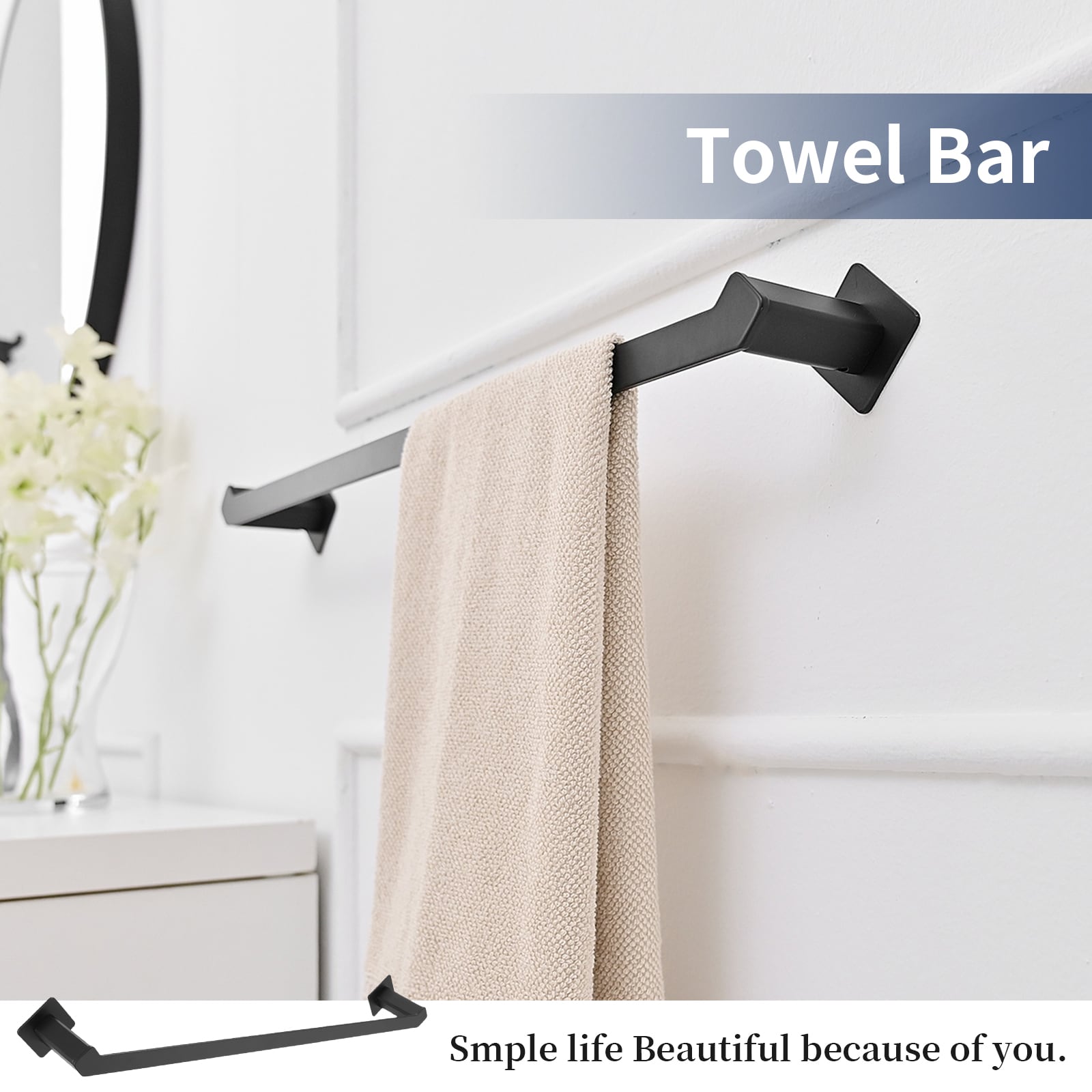 Juego de accesorios para baño en negro mate - 4 piezas - A-91010 - Set Decorativo de accesorios para baño incluye barra de toalla, portarrollos y gancho para batas - A-91010-NEGRO