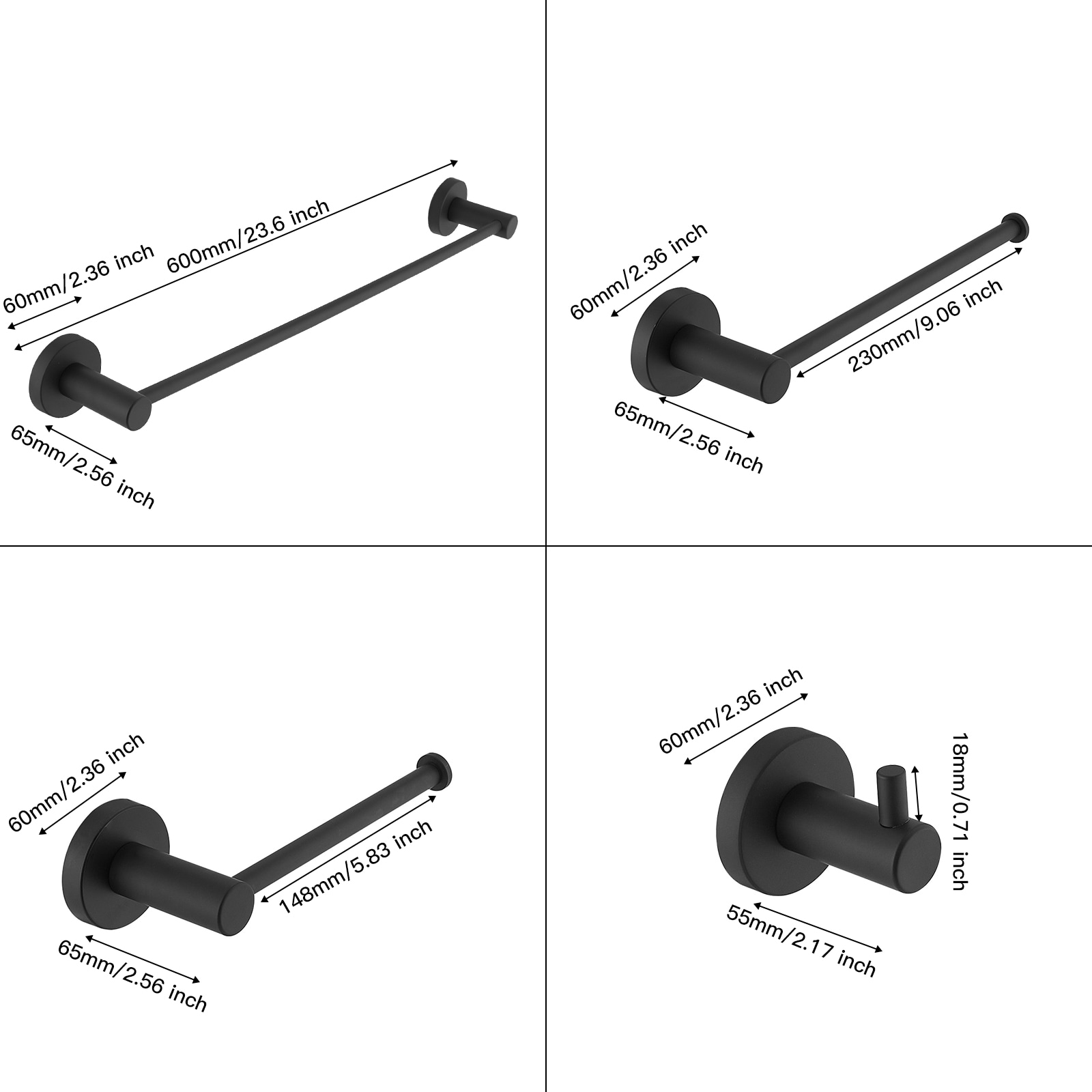 Juego de Accesorios de Baño Decorativos en Negro Mate de 5 Piezas A-91013 - Barra de Toalla, Porta Papel Higiénico, Gancho para Batas incluido A-91013-S-NEGRO-1