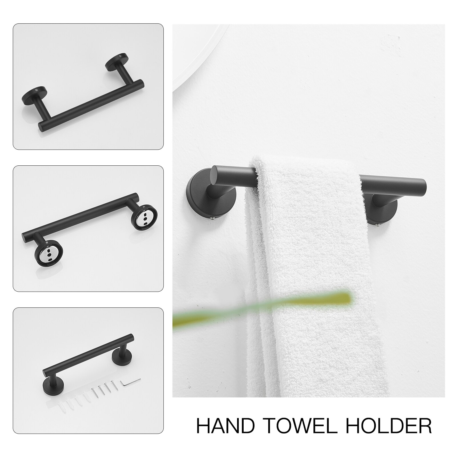 Juego de accesorios para baño de 3 piezas en negro mate - incluye barra para toallas, porta papel higiénico y gancho para batas.