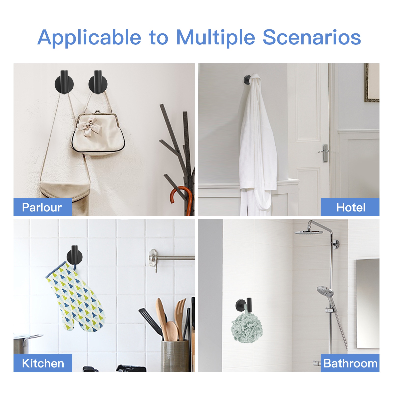 Juego de accesorios para baño de 3 piezas en negro mate - incluye barra para toallas, porta papel higiénico y gancho para batas.