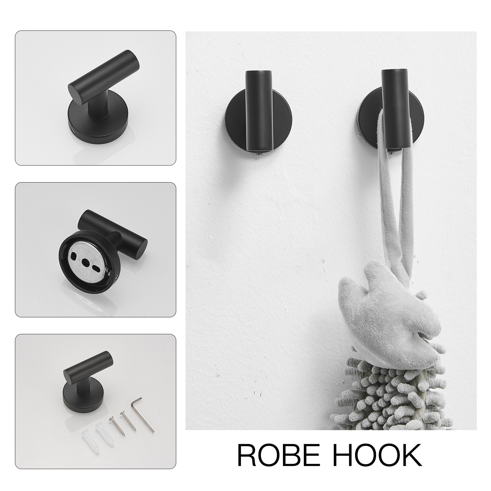 Juego de accesorios para baño de 3 piezas en negro mate - incluye barra para toallas, porta papel higiénico y gancho para batas.
