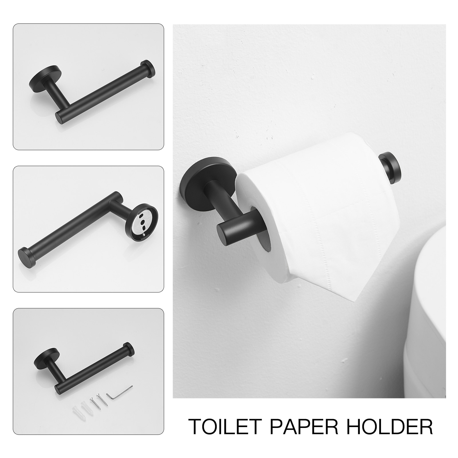 Juego de accesorios para baño de 3 piezas en negro mate - incluye barra para toallas, porta papel higiénico y gancho para batas.