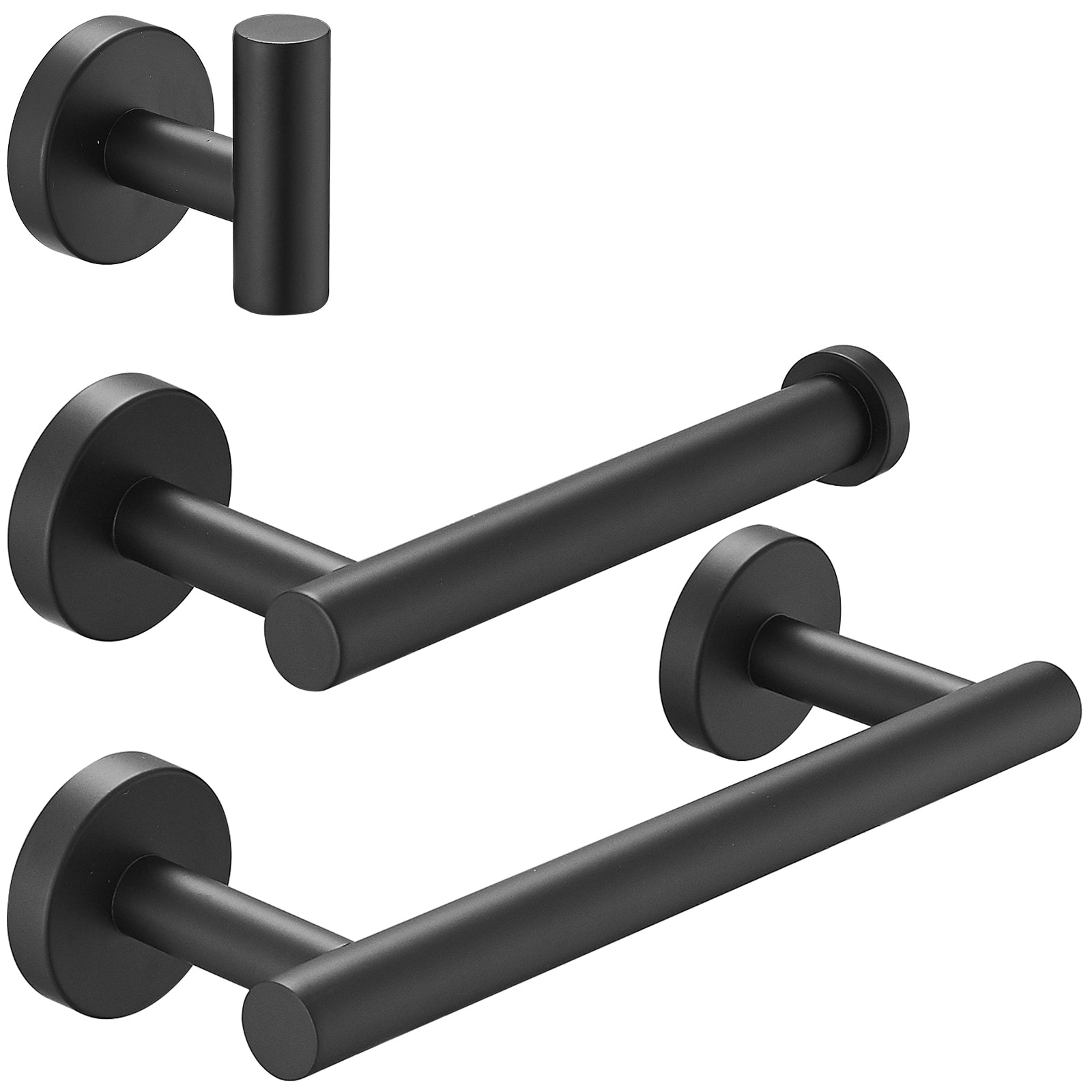 Juego de accesorios para baño de 3 piezas en negro mate - incluye barra para toallas, porta papel higiénico y gancho para batas.