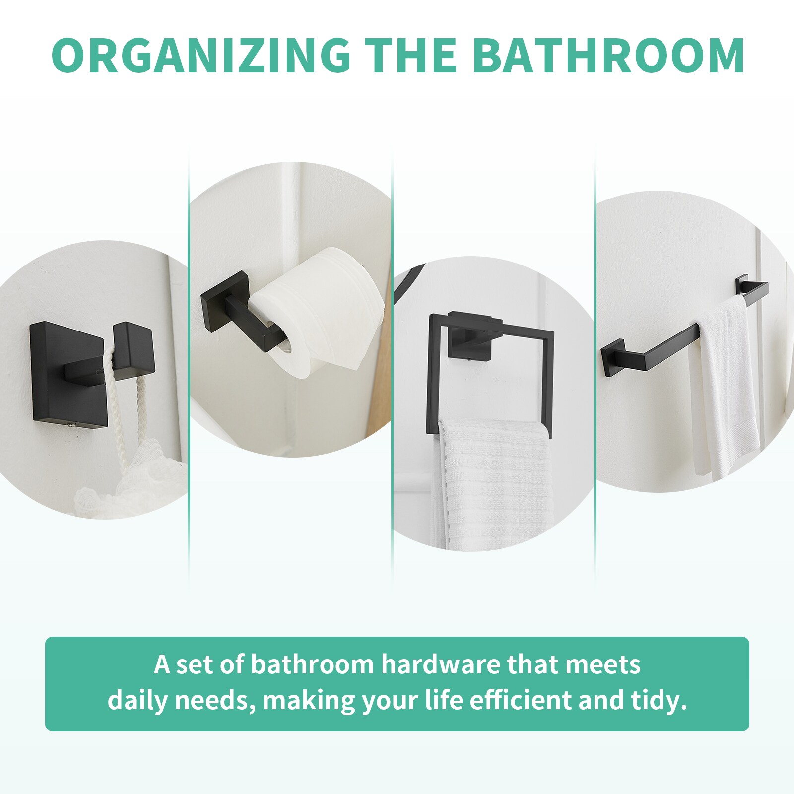 Juego de accesorios para baño decorativos en negro mate de 4 piezas que incluye barra de toallas, portarrollos, anillo para toallas y gancho para batas - Incluidos A-91002-NEGRO