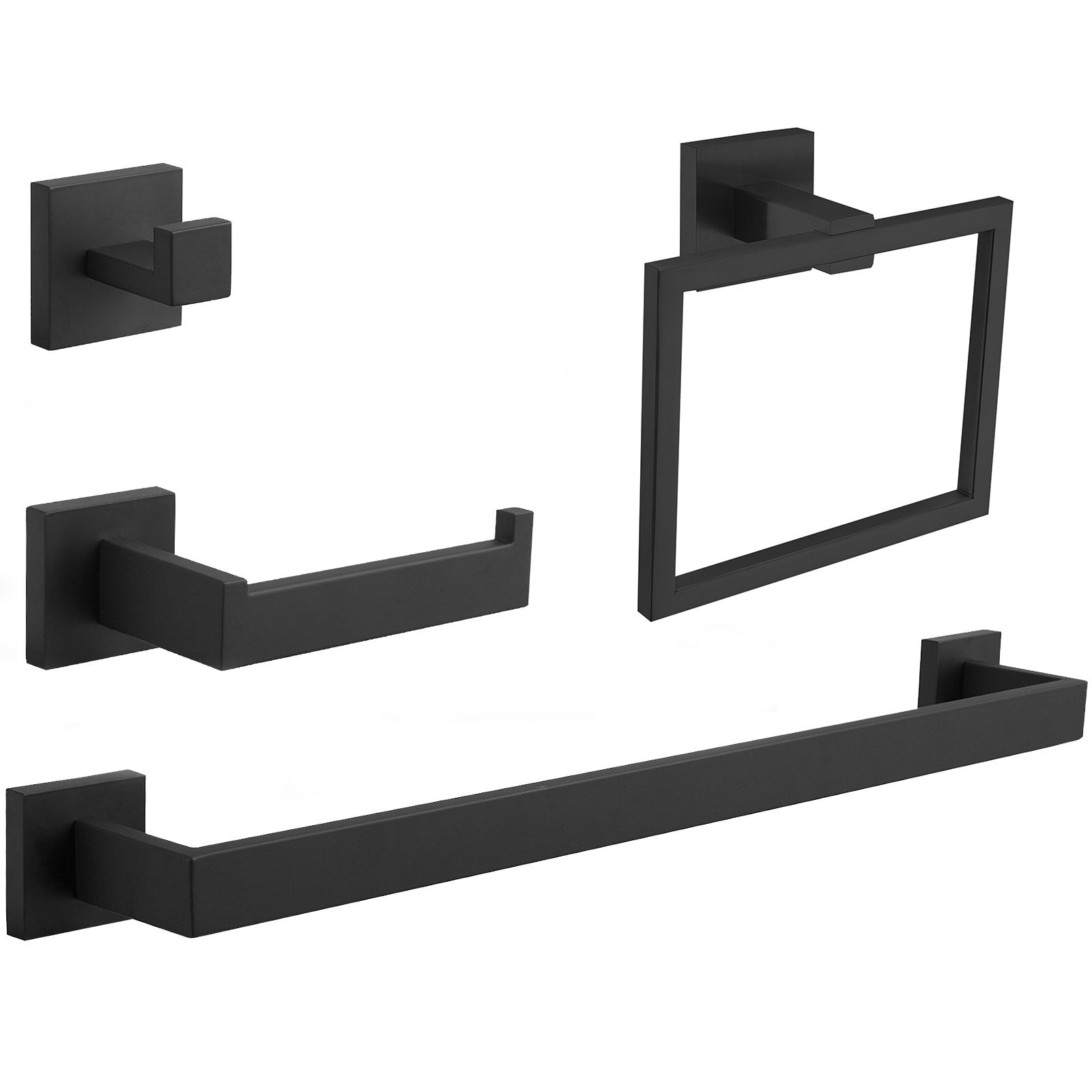 Juego de accesorios para baño decorativos en negro mate de 4 piezas que incluye barra de toallas, portarrollos, anillo para toallas y gancho para batas - Incluidos A-91002-NEGRO