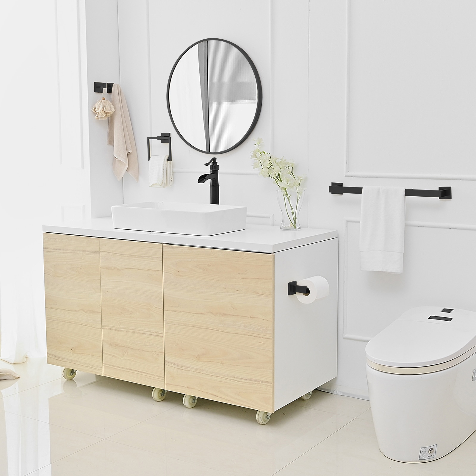 Juego de accesorios para baño decorativos en negro mate de 4 piezas que incluye barra de toallas, portarrollos, anillo para toallas y gancho para batas - Incluidos A-91002-NEGRO