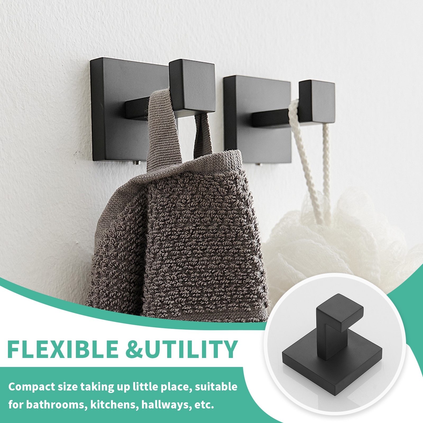 Juego de accesorios para baño decorativos en negro mate de 4 piezas que incluye barra de toallas, portarrollos, anillo para toallas y gancho para batas - Incluidos A-91002-NEGRO