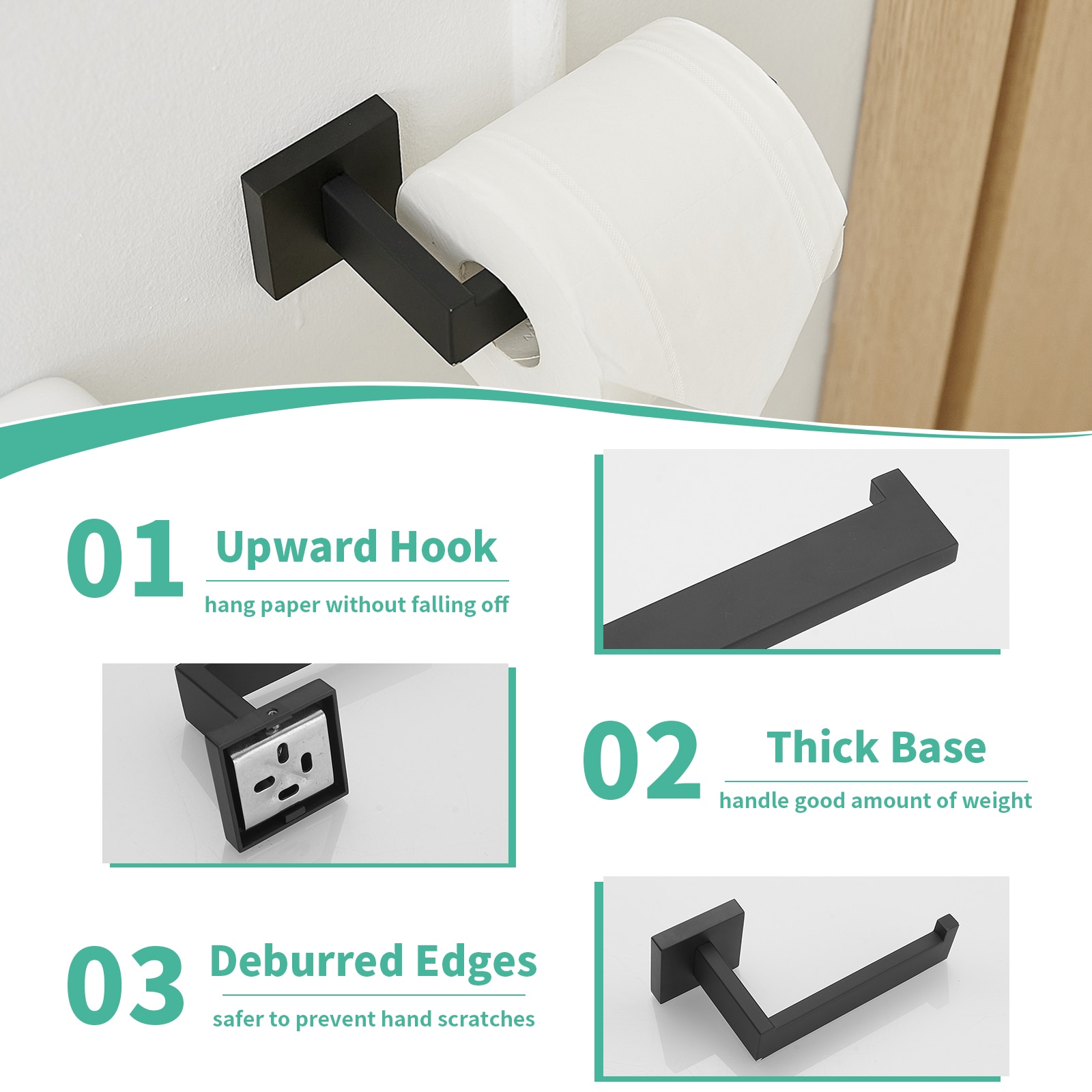Juego de accesorios para baño decorativos en negro mate de 4 piezas que incluye barra de toallas, portarrollos, anillo para toallas y gancho para batas - Incluidos A-91002-NEGRO