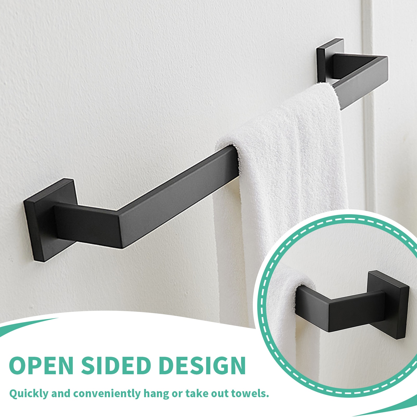 Juego de accesorios para baño decorativos en negro mate de 4 piezas que incluye barra de toallas, portarrollos, anillo para toallas y gancho para batas - Incluidos A-91002-NEGRO