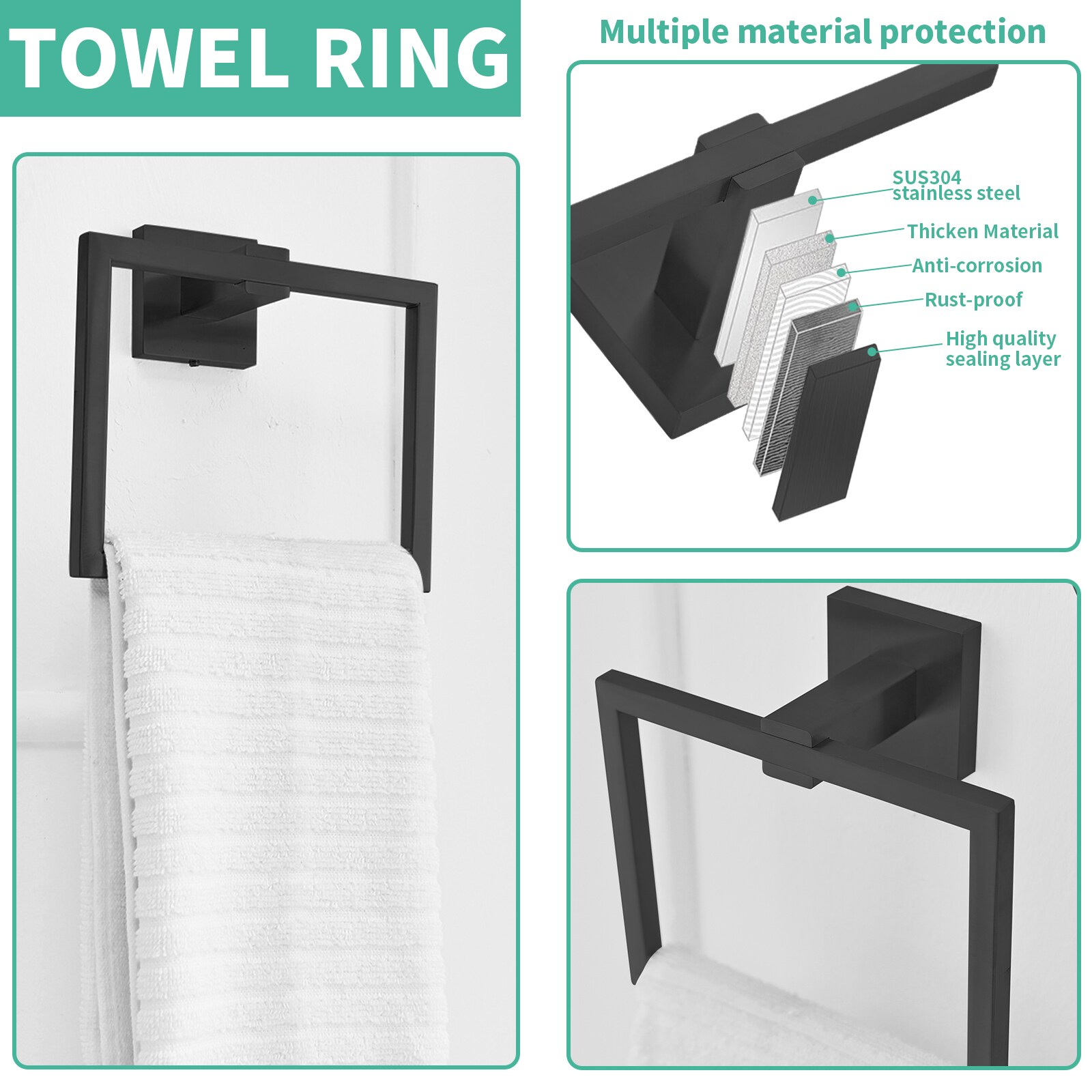 Juego de accesorios para baño decorativos en negro mate de 4 piezas que incluye barra de toallas, portarrollos, anillo para toallas y gancho para batas - Incluidos A-91002-NEGRO