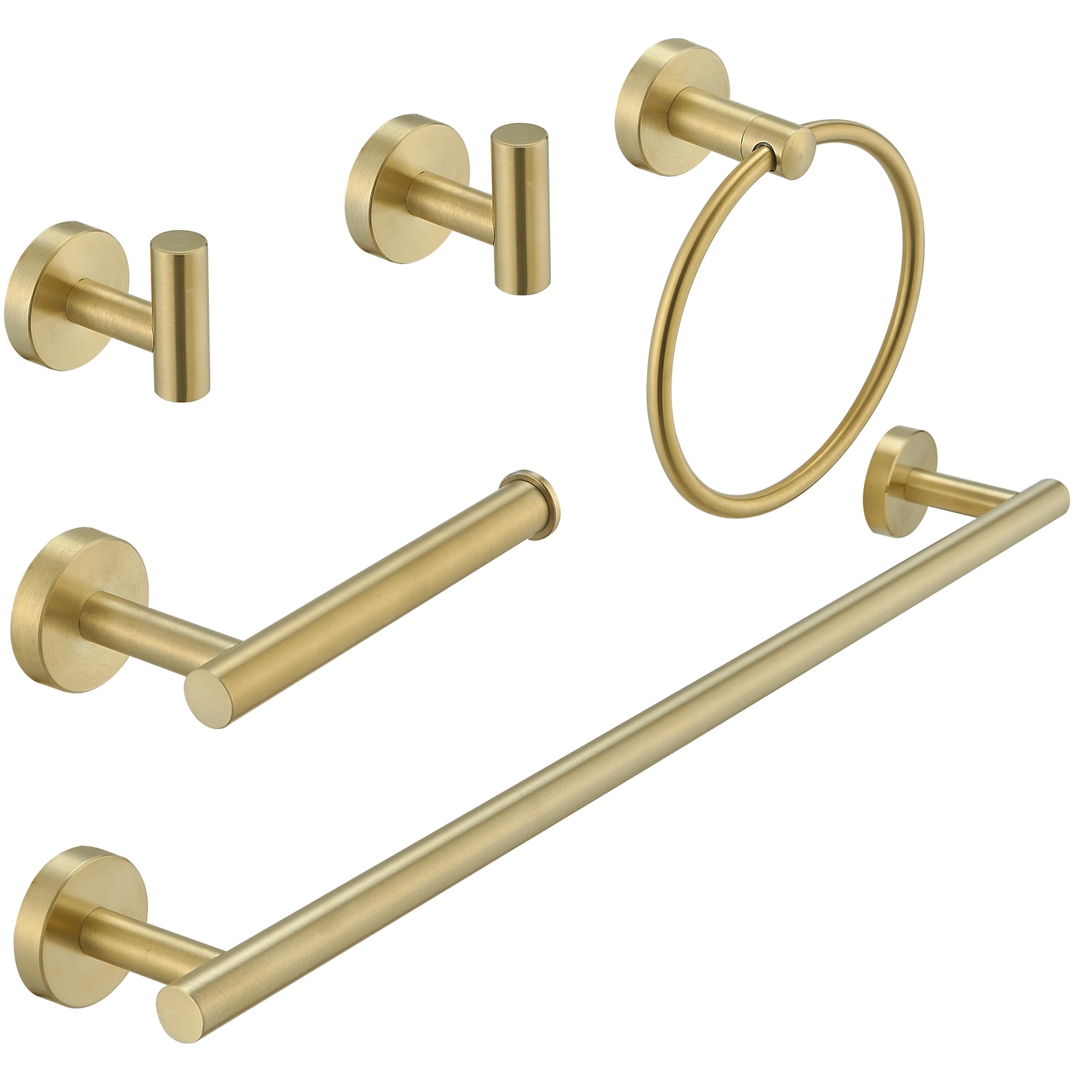 Set de accesorios de baño de 5 piezas en color dorado cepillado. Incluye barra de toalla, porta papel higiénico, anillo de toalla y gancho para batas. A-91020-BG.