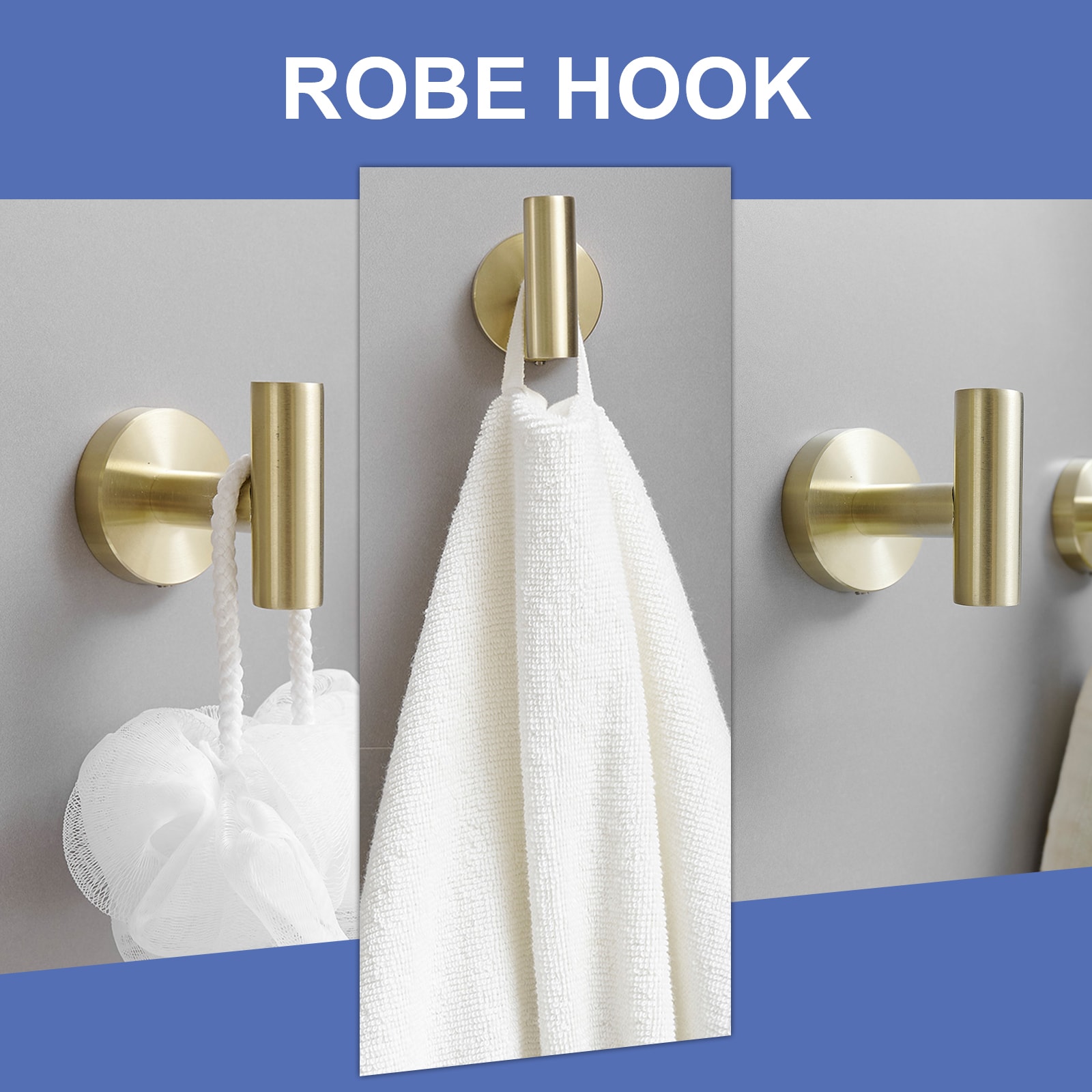 Set de accesorios de baño de 5 piezas en color dorado cepillado. Incluye barra de toalla, porta papel higiénico, anillo de toalla y gancho para batas. A-91020-BG.