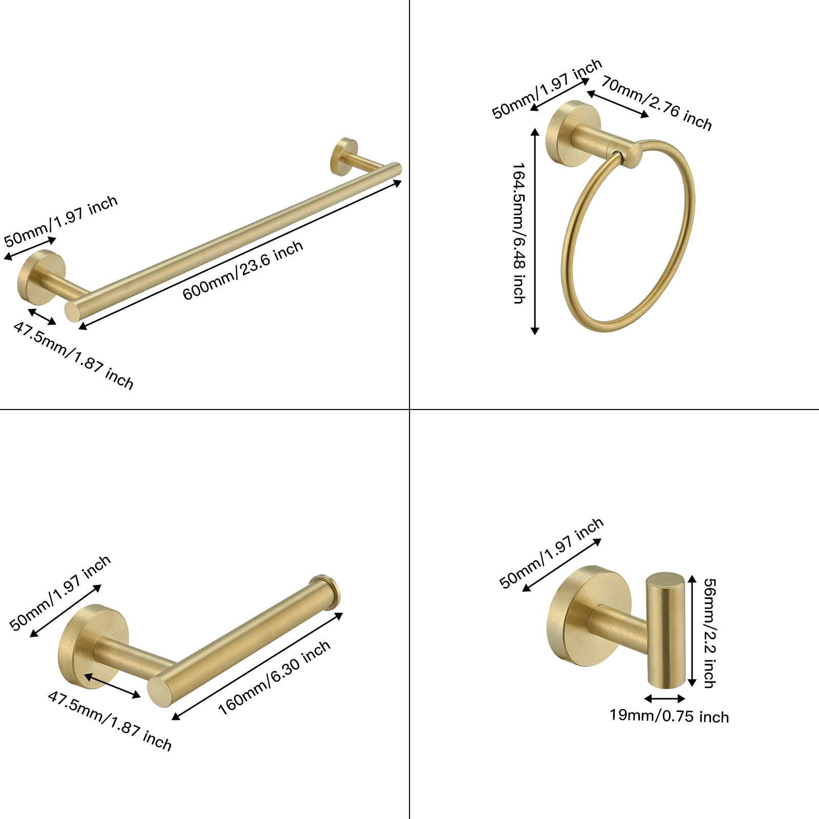 Set de accesorios de baño de 5 piezas en color dorado cepillado. Incluye barra de toalla, porta papel higiénico, anillo de toalla y gancho para batas. A-91020-BG.