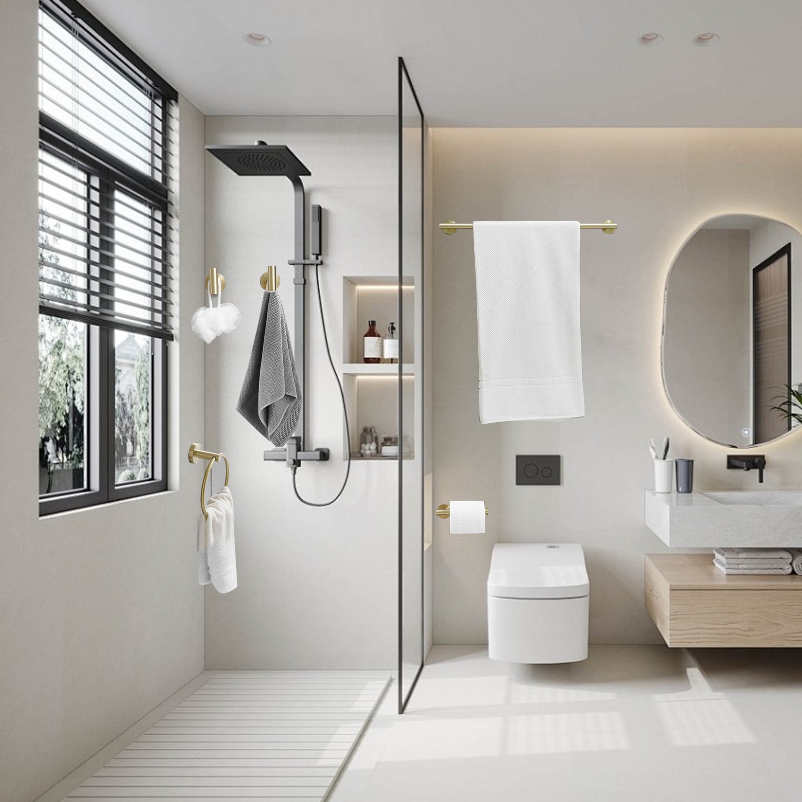 Set de accesorios de baño de 5 piezas en color dorado cepillado. Incluye barra de toalla, porta papel higiénico, anillo de toalla y gancho para batas. A-91020-BG.