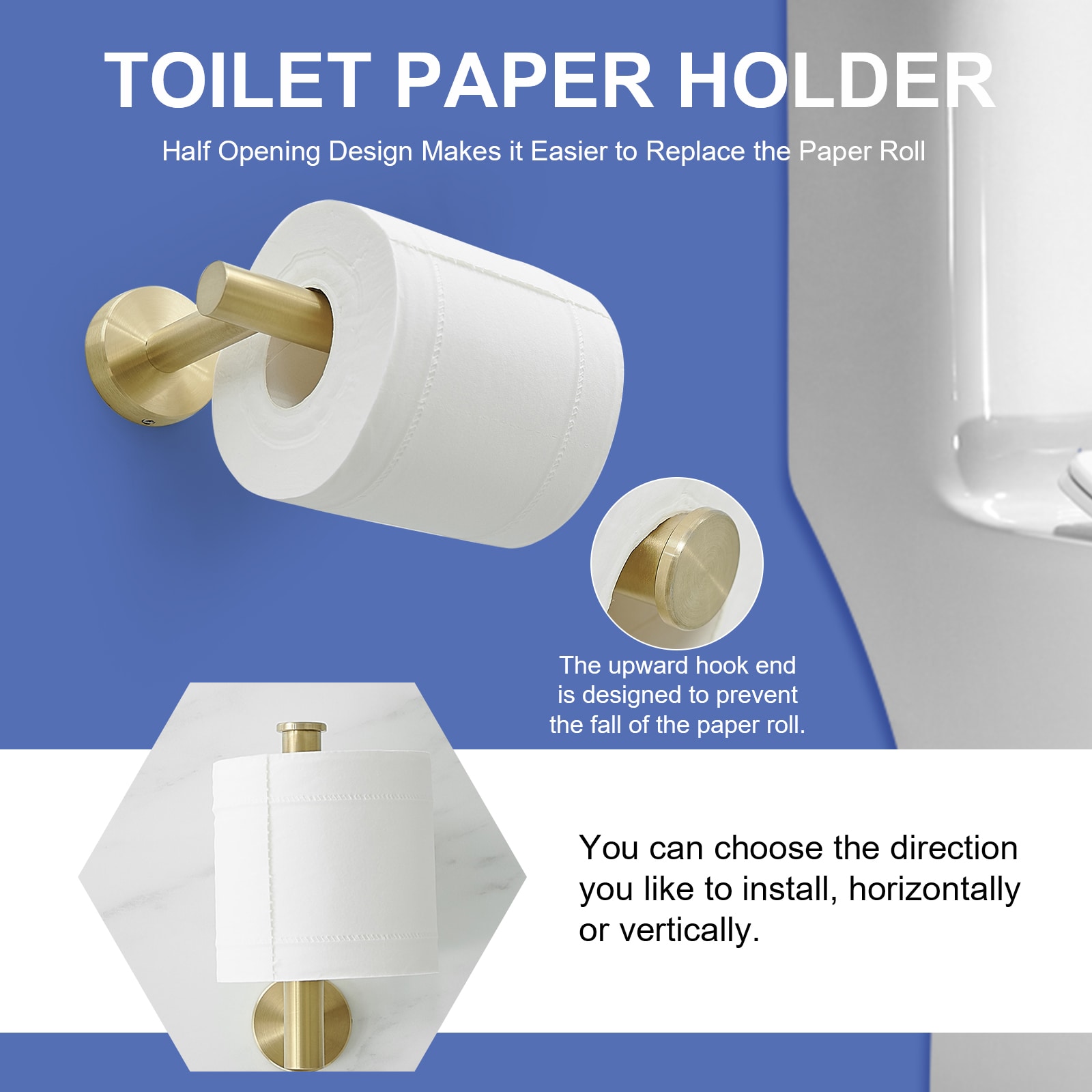 Set de accesorios de baño de 5 piezas en color dorado cepillado. Incluye barra de toalla, porta papel higiénico, anillo de toalla y gancho para batas. A-91020-BG.