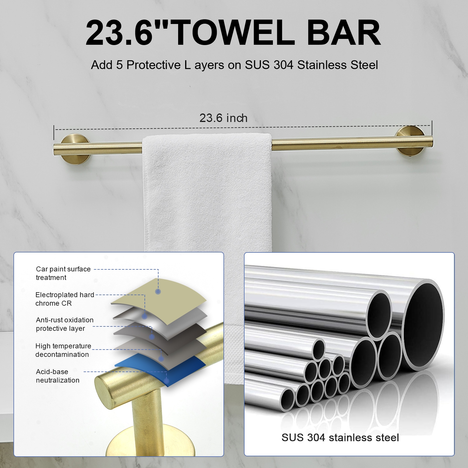 Set de accesorios de baño de 5 piezas en color dorado cepillado. Incluye barra de toalla, porta papel higiénico, anillo de toalla y gancho para batas. A-91020-BG.