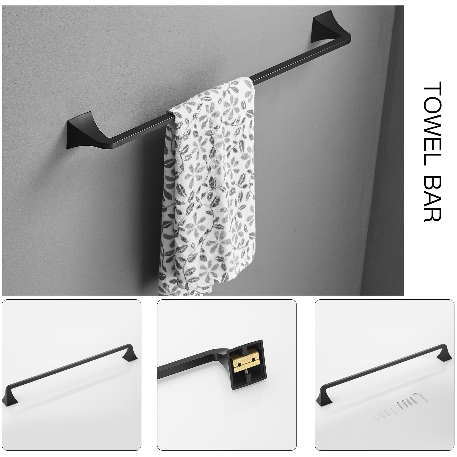 Juego de Accesorios de Baño Decorativos en Negro Mate de 4 Piezas - Barra de Toalla, Porta Papel Higiénico, Gancho para Batas incluidos A-91003-NEGRO