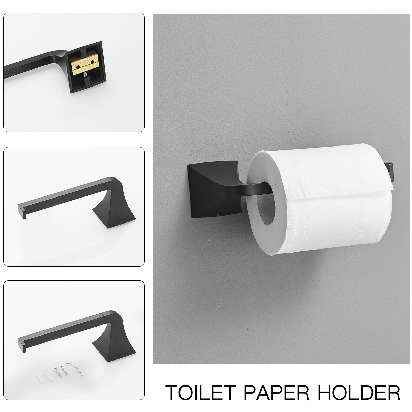 Juego de Accesorios de Baño Decorativos en Negro Mate de 4 Piezas - Barra de Toalla, Porta Papel Higiénico, Gancho para Batas incluidos A-91003-NEGRO