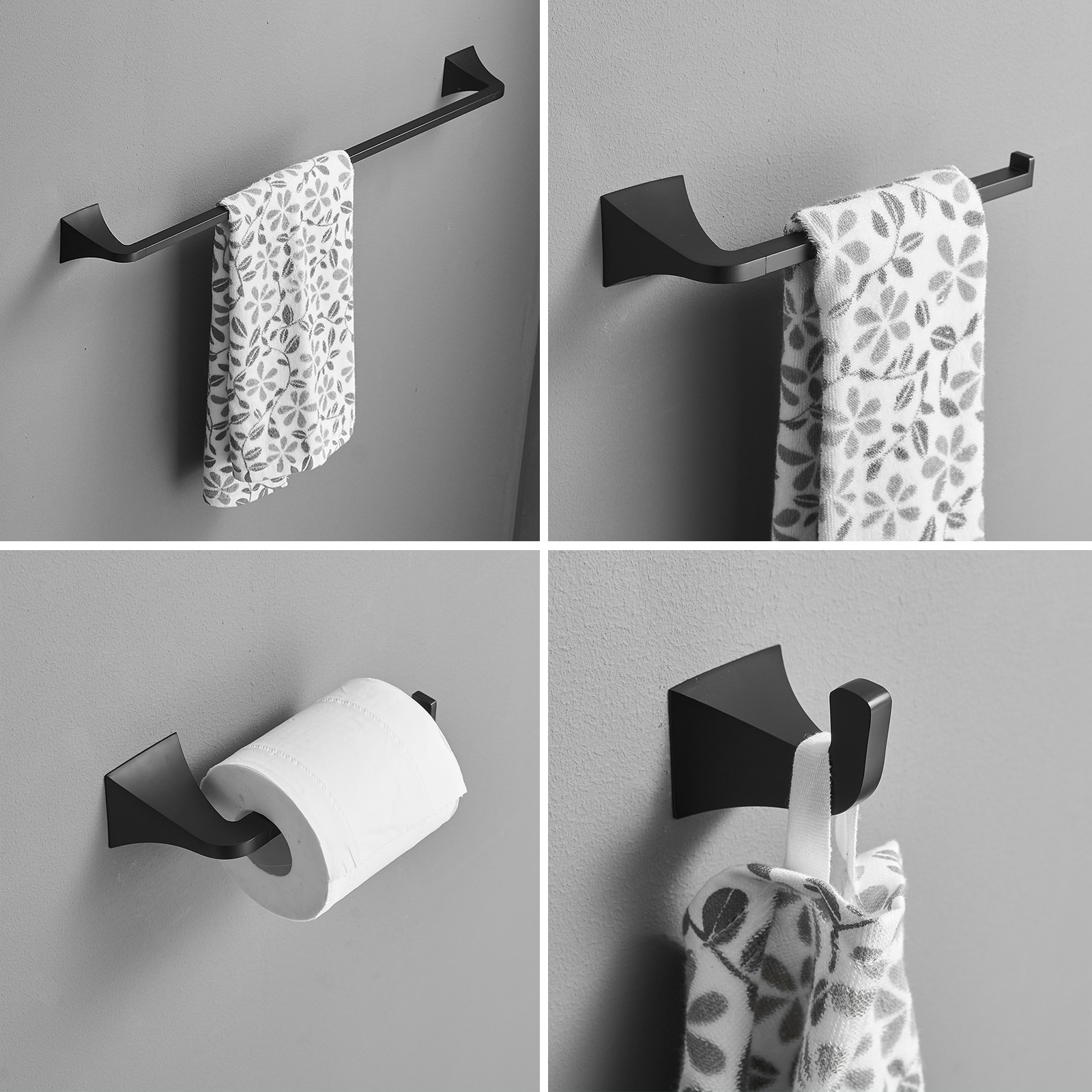 Juego de Accesorios de Baño Decorativos en Negro Mate de 4 Piezas - Barra de Toalla, Porta Papel Higiénico, Gancho para Batas incluidos A-91003-NEGRO