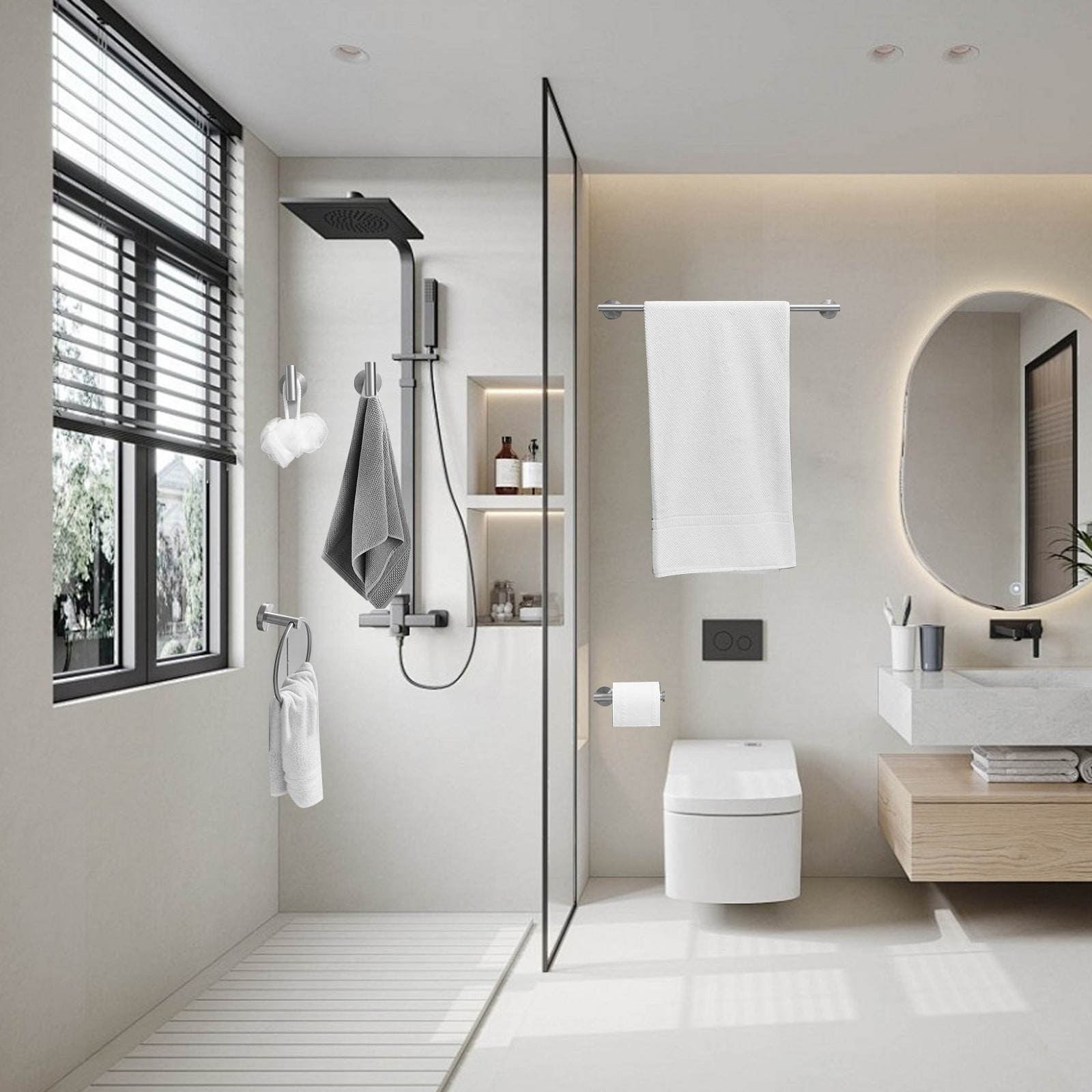 Set de accesorios para baño decorativos de níquel cepillado de 5 piezas: Barra para toallas, porta papel higiénico, anillo para toallas, gancho para batas incluidos A-91020-N