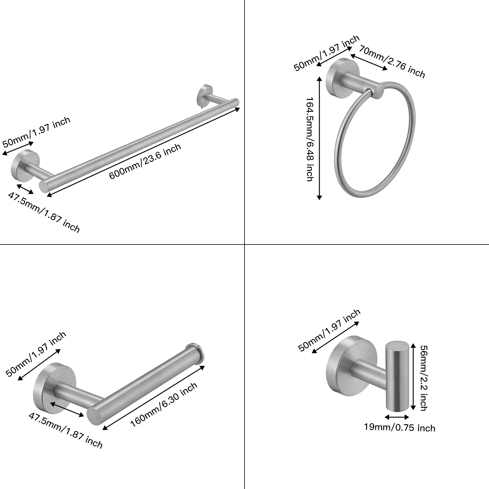 Set de accesorios para baño decorativos de níquel cepillado de 5 piezas: Barra para toallas, porta papel higiénico, anillo para toallas, gancho para batas incluidos A-91020-N
