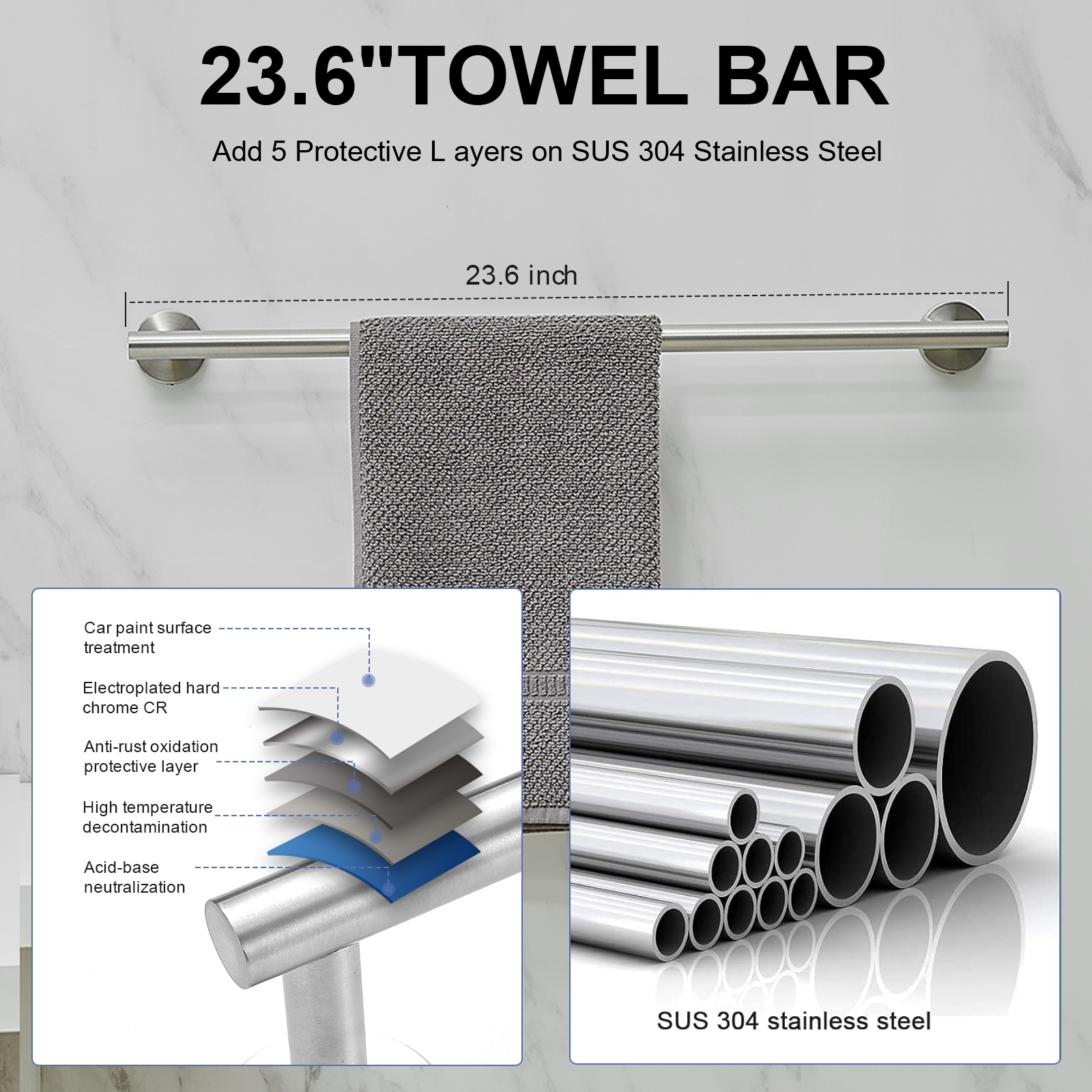 Set de accesorios para baño decorativos de níquel cepillado de 5 piezas: Barra para toallas, porta papel higiénico, anillo para toallas, gancho para batas incluidos A-91020-N