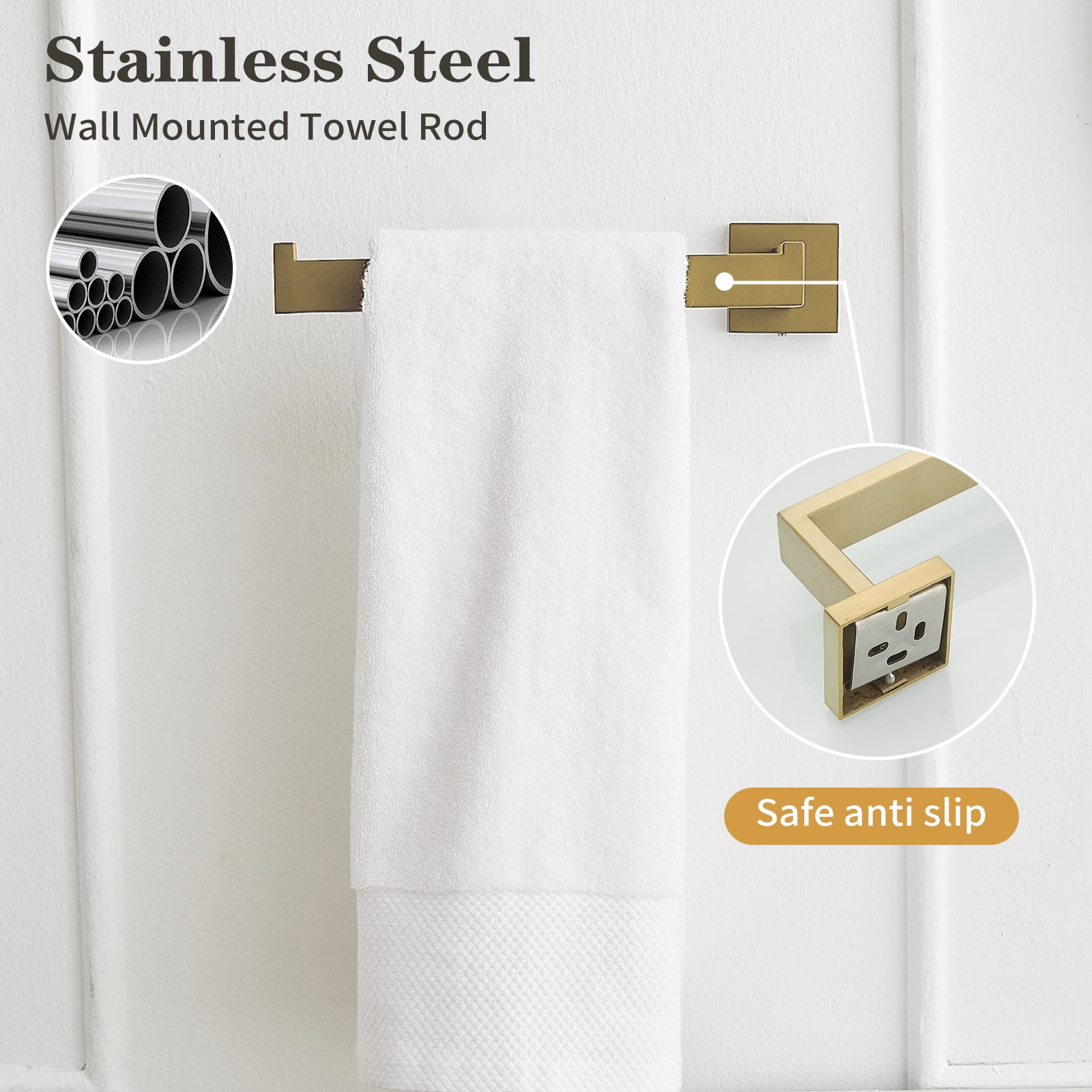 Juego de Accesorios de Baño de 5 Piezas en Color Dorado Cepillado - Barra Toallera, Porta Papel Higiénico y Gancho para Batas Incluidos A-91012-S-BG-1